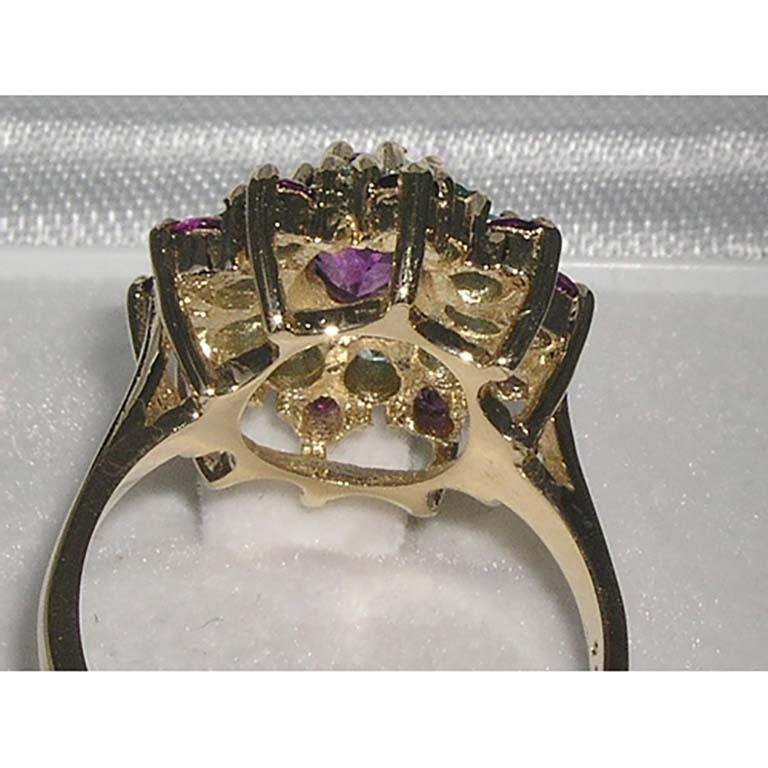 For Sale:  18K Yellow Gold Amethyst & Blue Topaz 3 Tier Cluster Flower Ring 5