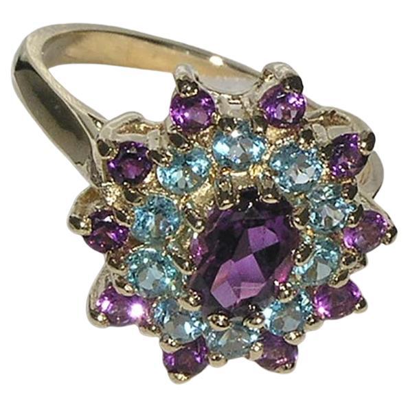For Sale:  18K Yellow Gold Amethyst & Blue Topaz 3 Tier Cluster Flower Ring