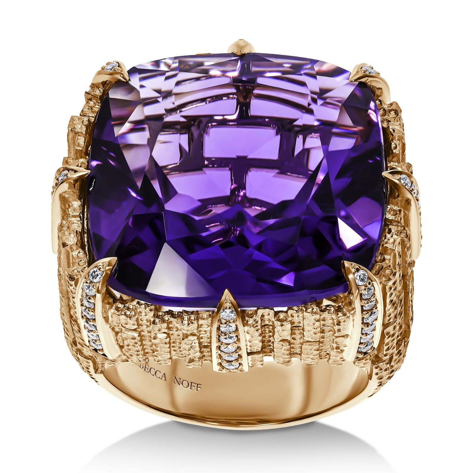For Sale:  18k Yellow Gold, Amethyst & Diamond Dendritic Ring 6