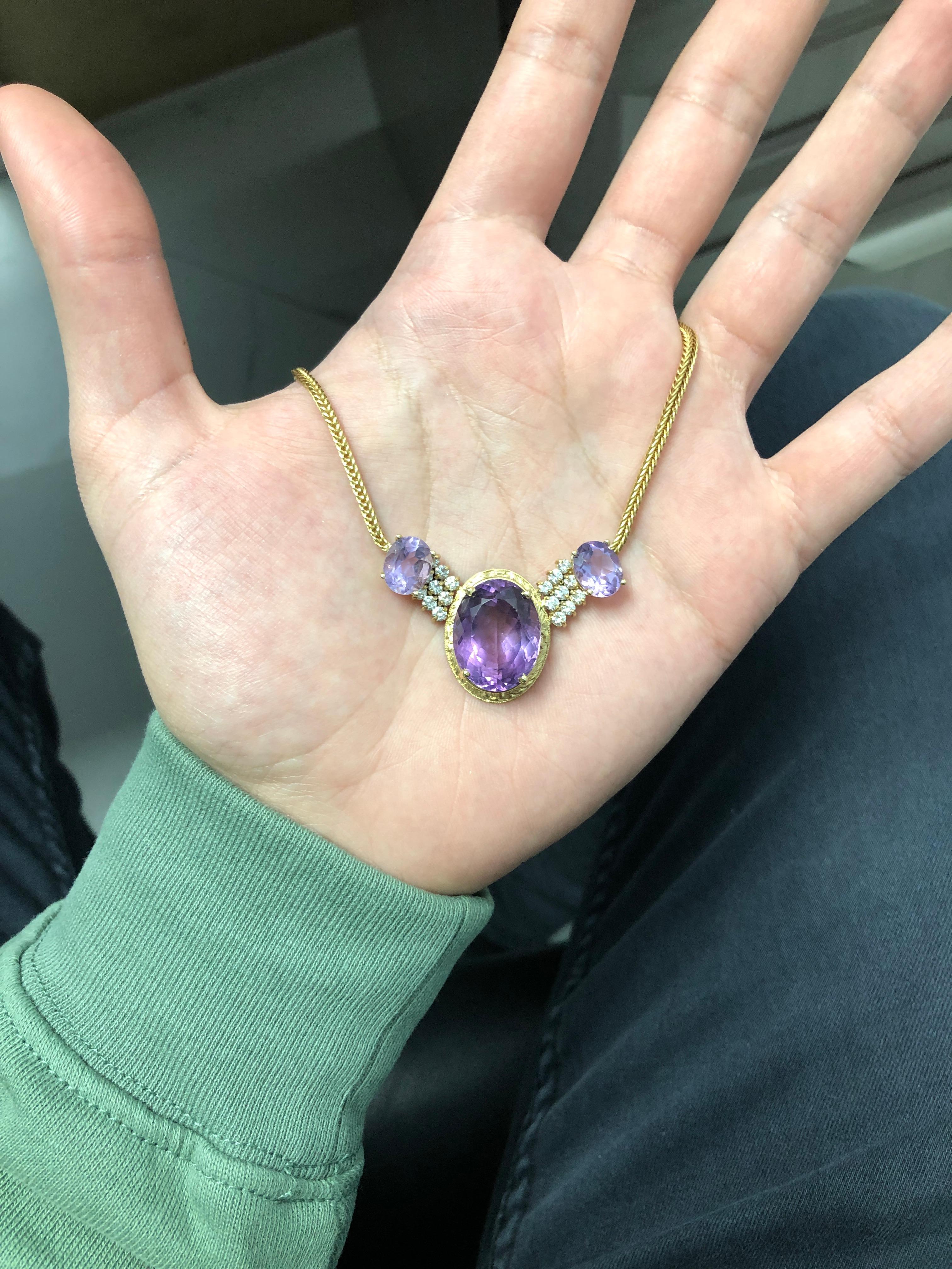 Women's 18 Karat Yellow Gold Amethyst Diamond Necklace For Sale