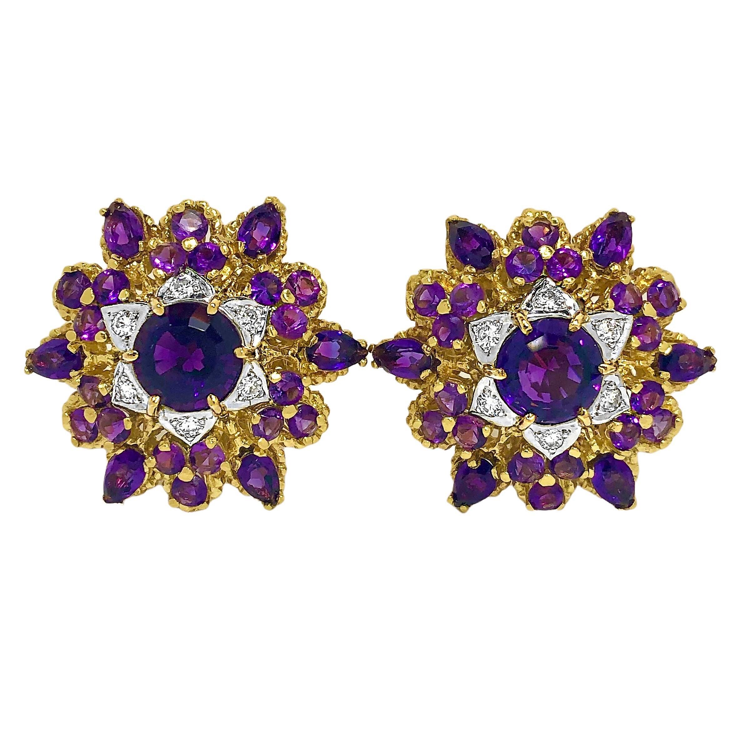 This very well crafted pair of vintage 18K yellow gold earrings is liberally set with round and pear shaped natural amethysts. Surrounding the center stones are a total of twelve brilliant cut diamonds with a total approximate weight of .50ct and an