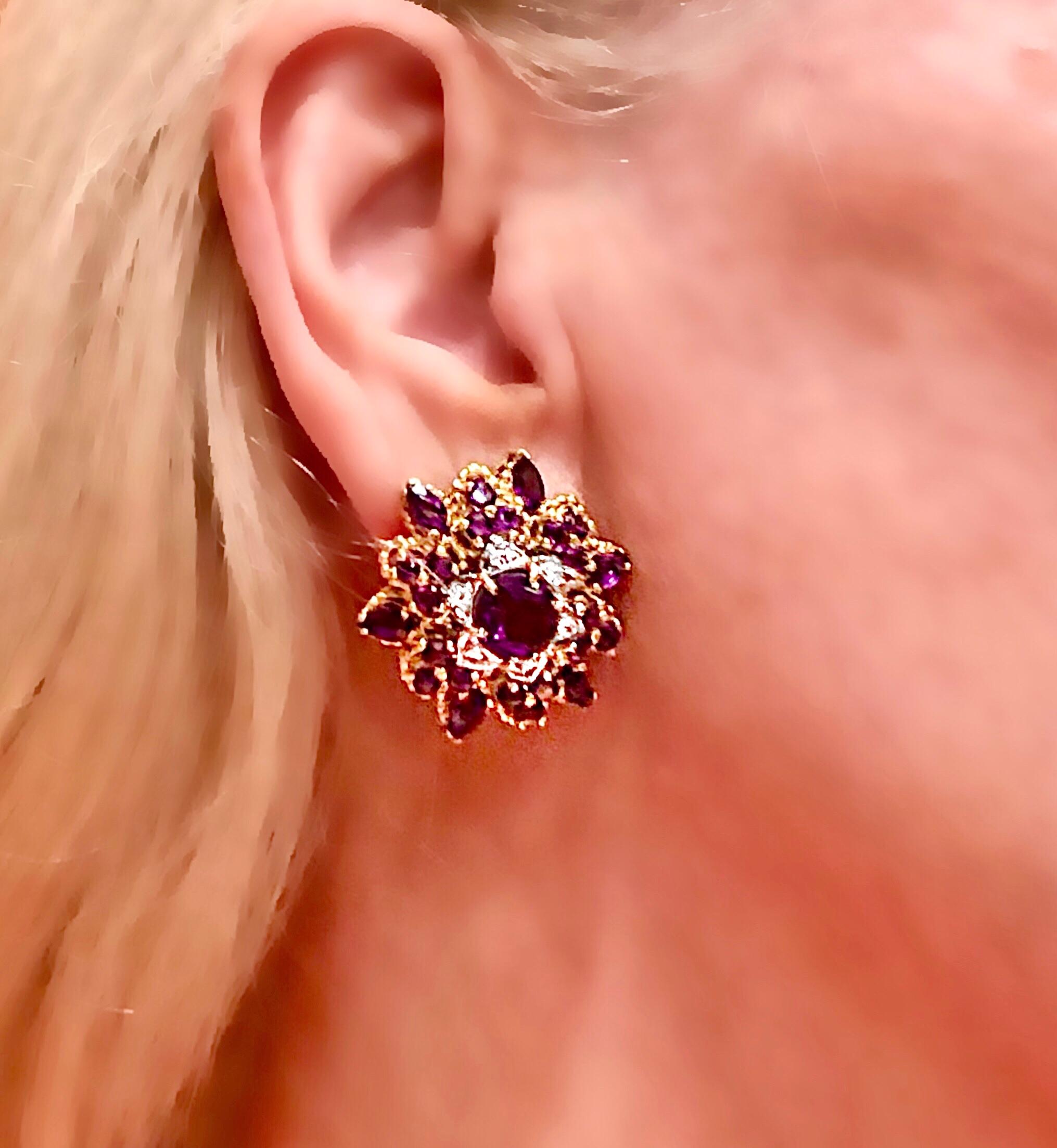 18K Yellow Gold, Amethyst & Diamond Snowflake Motif Earrings 3