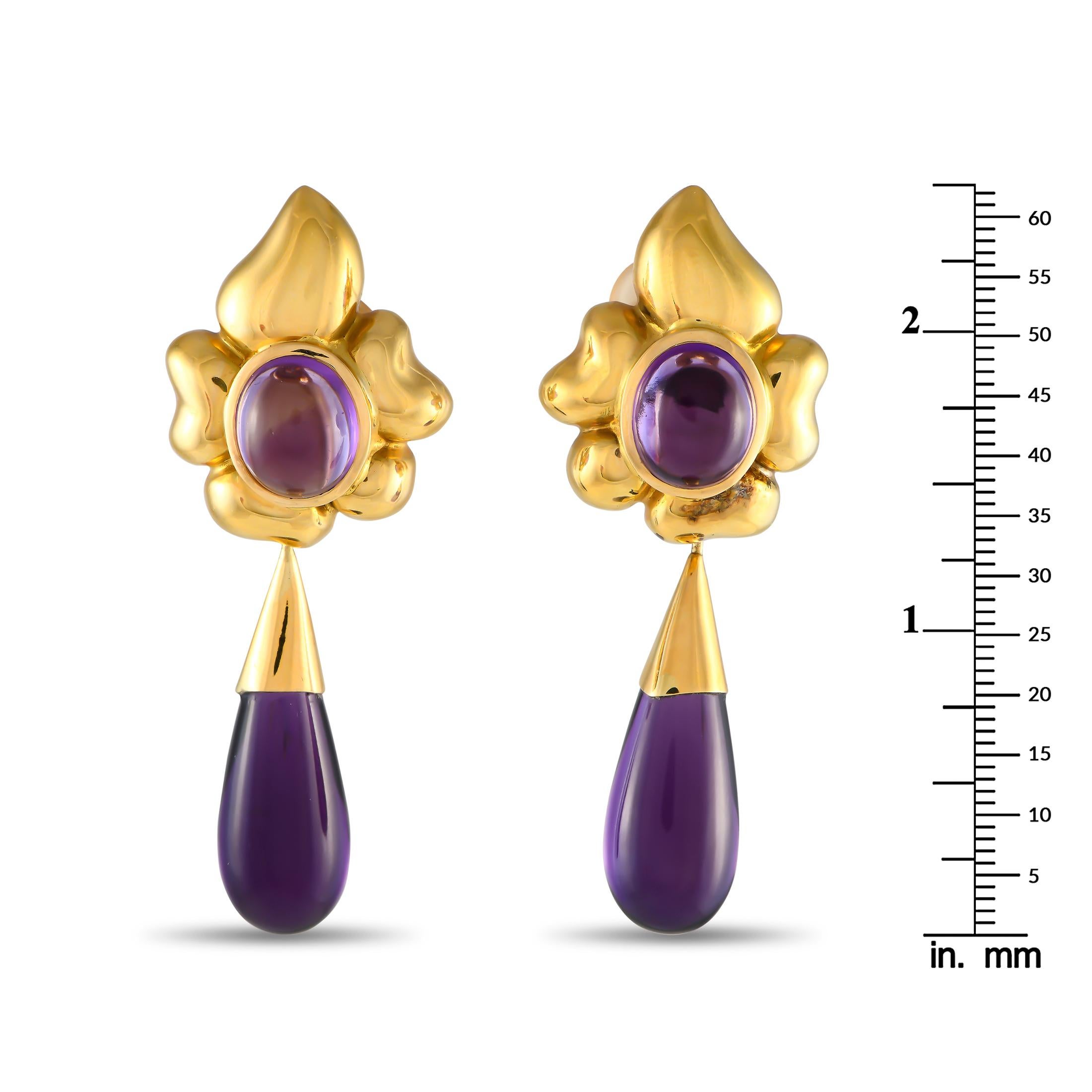 Mixed Cut 18K Yellow Gold Amethyst Flower Drop Earrings