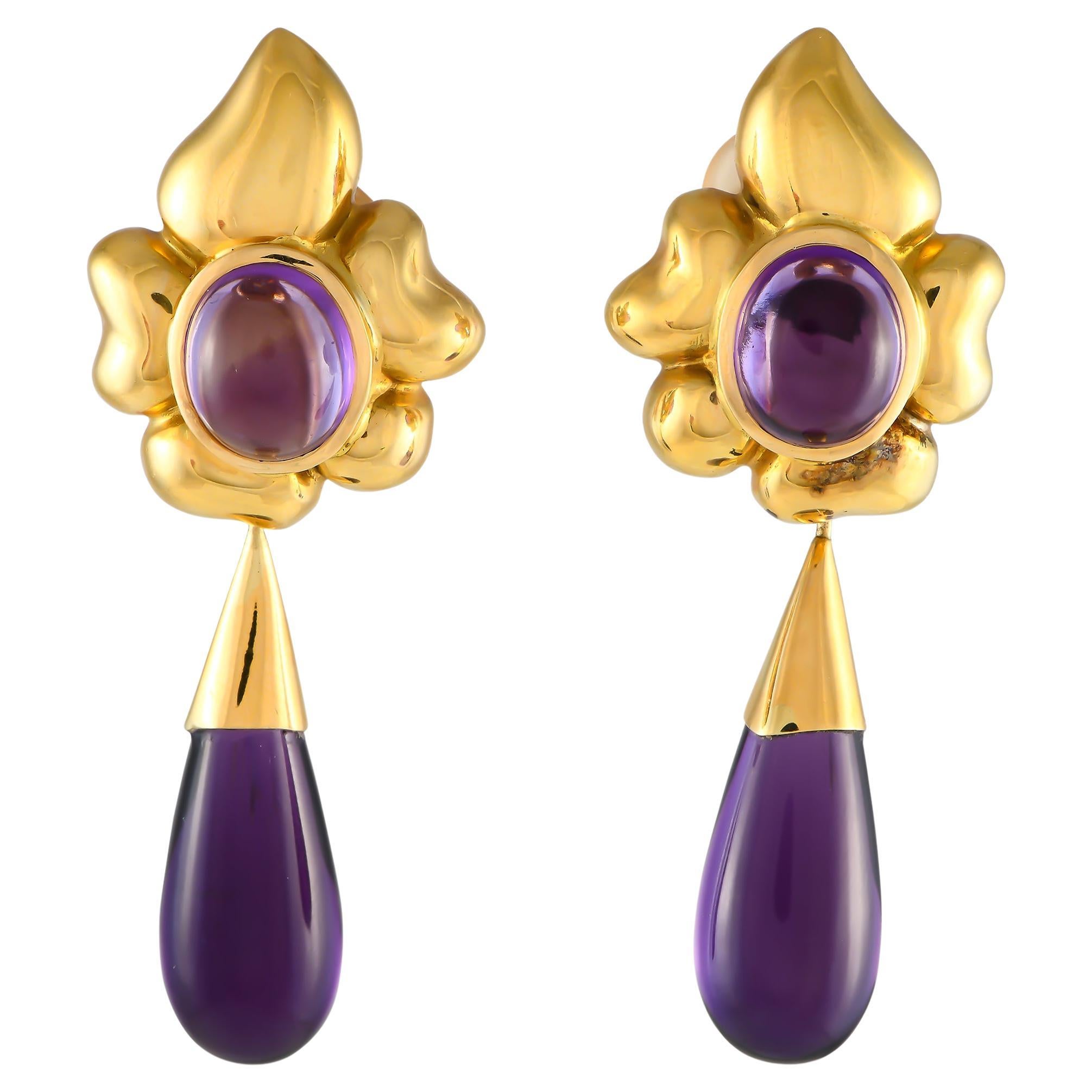 18K Yellow Gold Amethyst Flower Drop Earrings