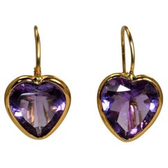 18K Yellow Gold Amethyst Heart Earrings, 3.9g