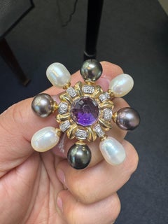 18K Yellow Gold Amethyst, Pearl, and Diamond Brooch