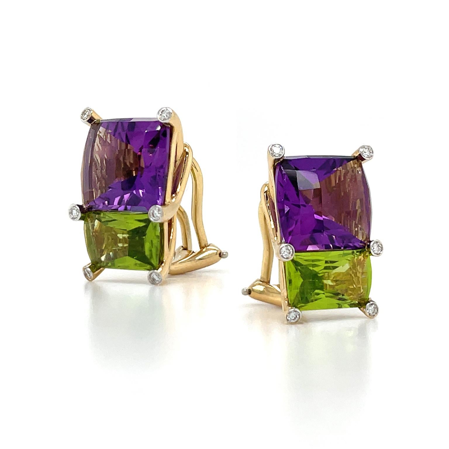 Harmonizing hues from amethyst and peridot flicker in these earrings. Both jewels are in a checkerboard cut, producing a unique light and depth from each. Plum undertones and lavender shades are lifted from the amethyst at the top. Similar from a