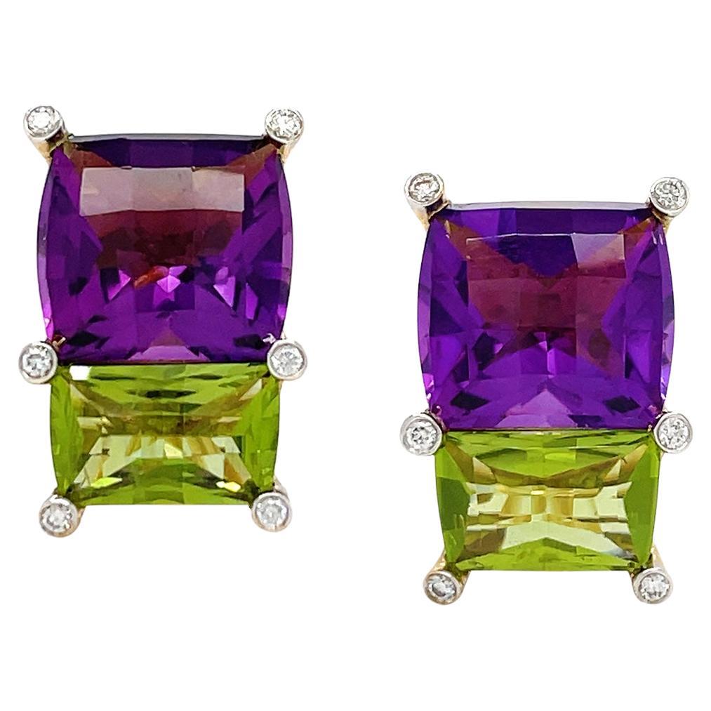 18K Yellow Gold Amethyst, Peridot, Diamond Clip-on Earrings For Sale at  1stDibs | amethyst flicker, purple peridot