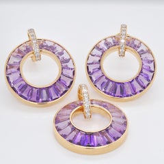 14 Karat Gold Amethyst Taper Baguette Diamond Pendant Necklace Earrings Set