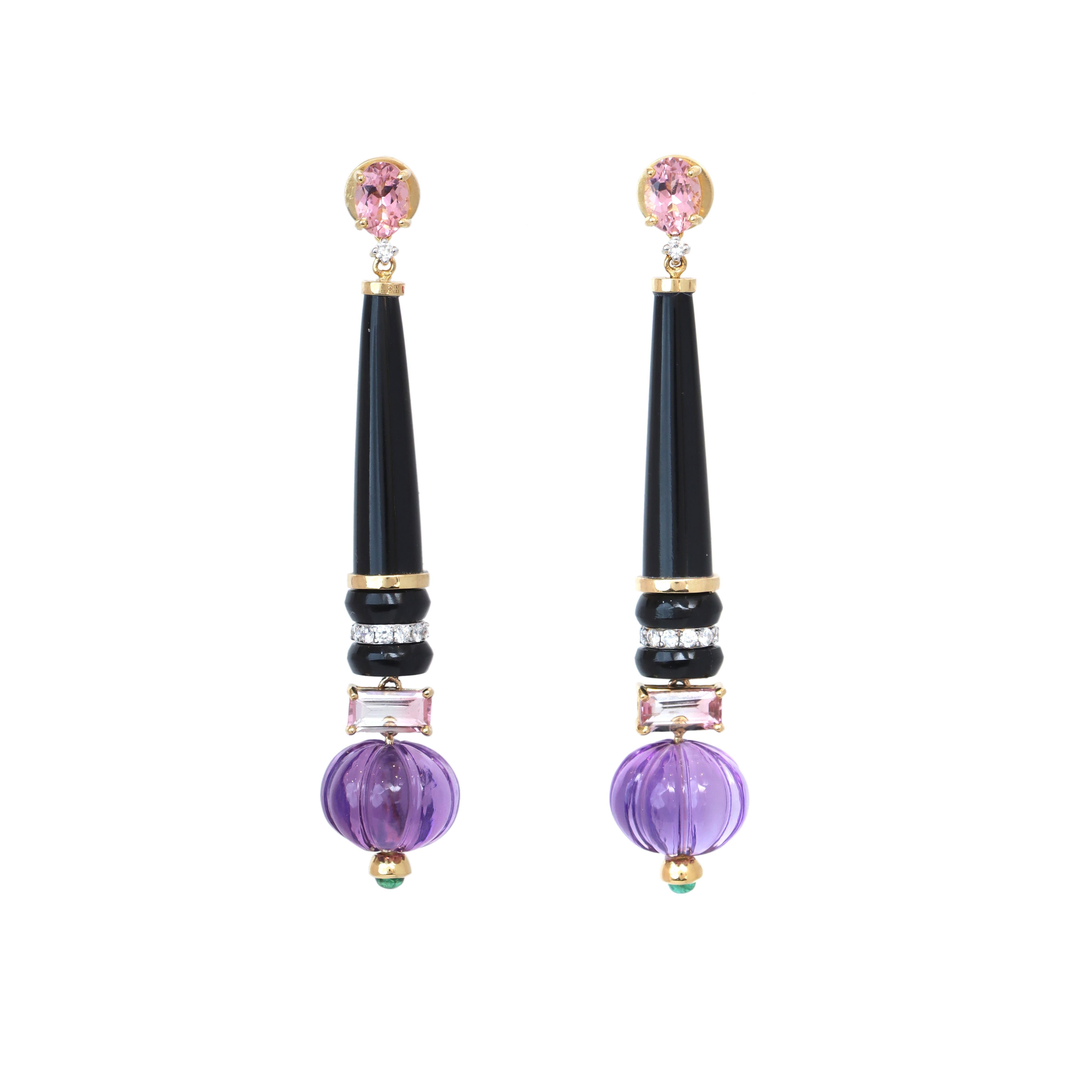 Boucles d'oreilles en or jaune 18k Améthyste Tourmaline Emeraude et Onyx noir avec diamant en vente 4
