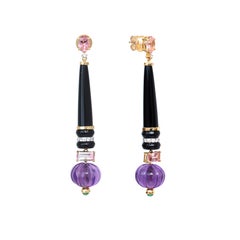 18k Yellow Gold Amethyst Tourmaline Emerald And Black Onyx Earrings With Diamond