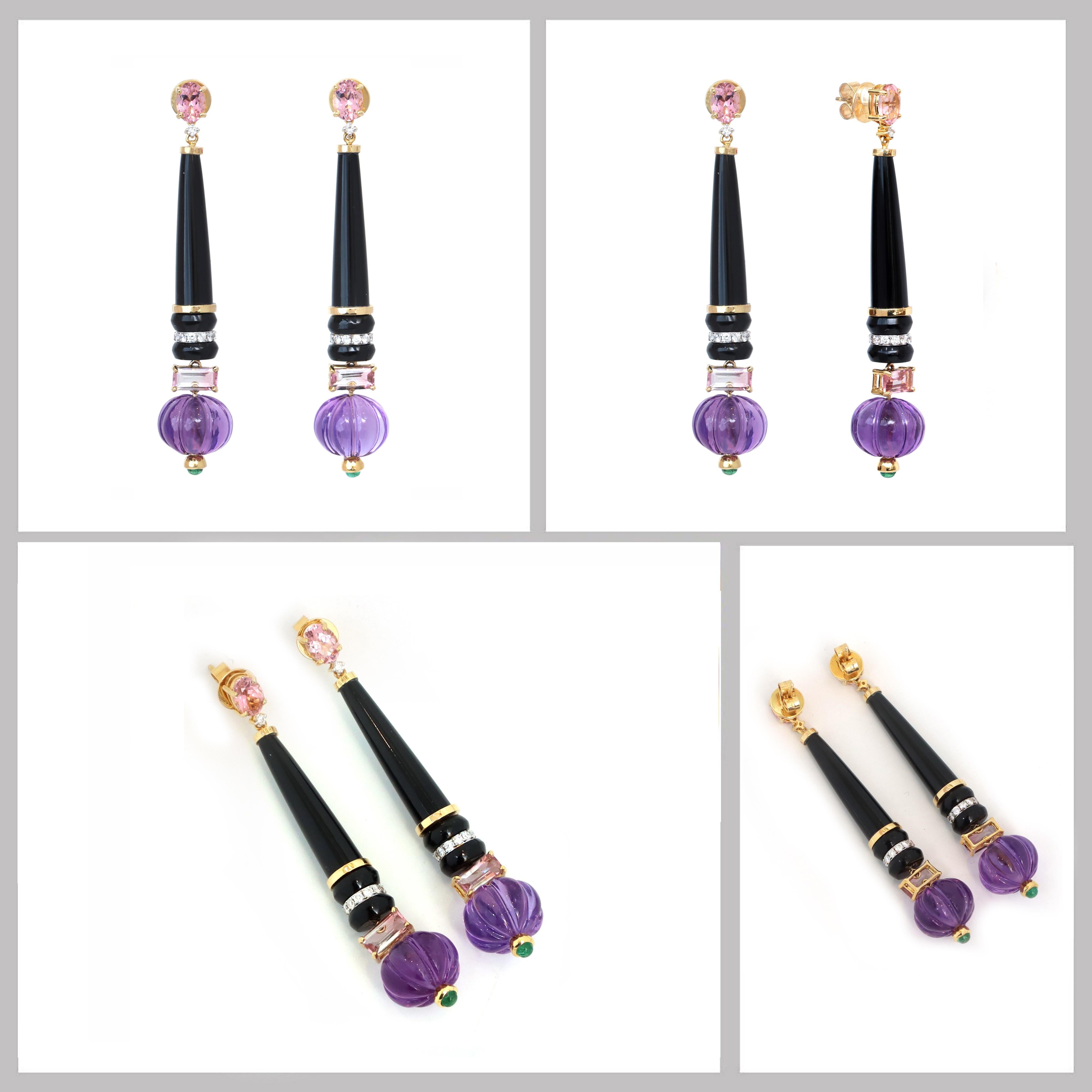 Art déco Boucles d'oreilles en or jaune 18k Améthyste Tourmaline Emeraude et Onyx noir avec diamant en vente