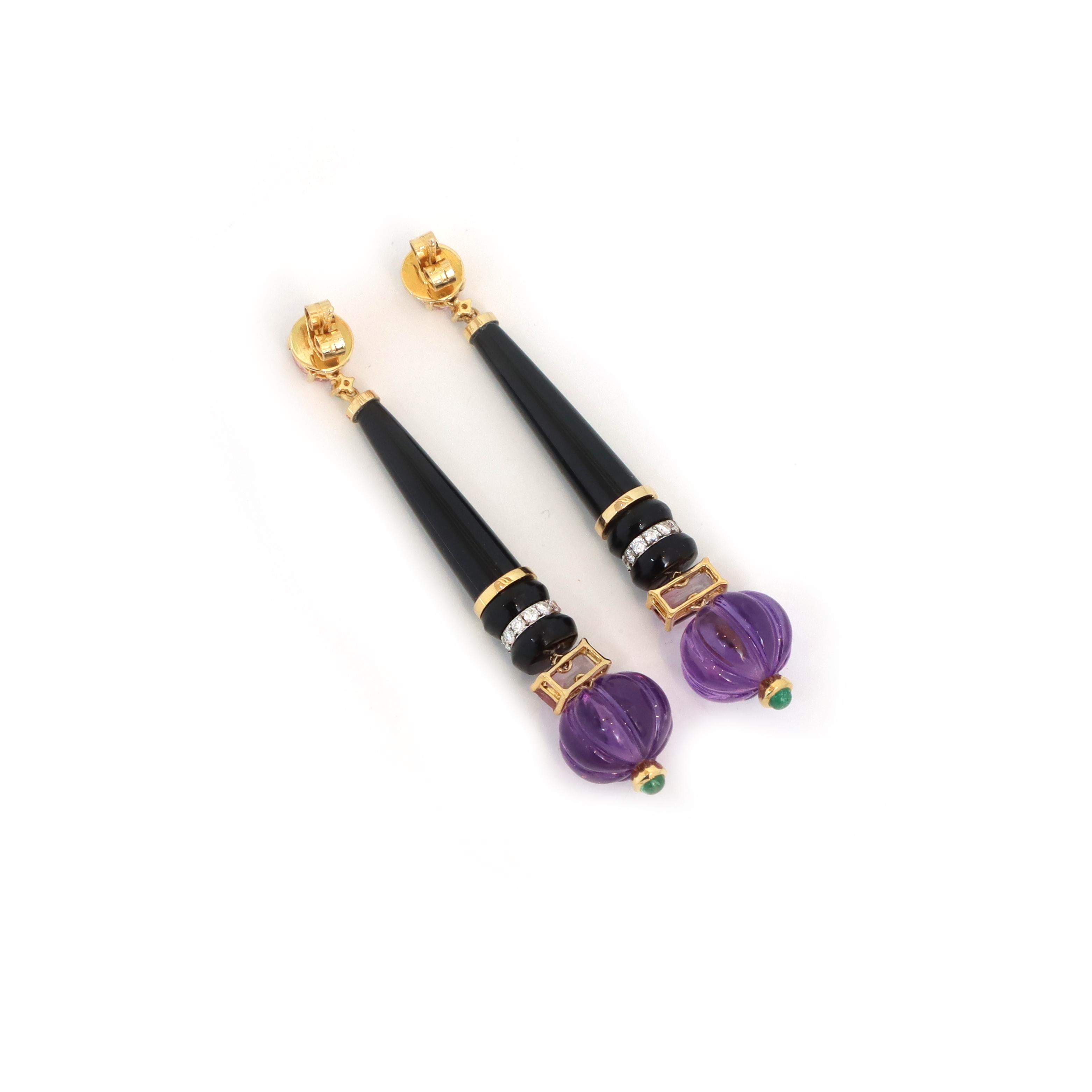 Boucles d'oreilles en or jaune 18k Améthyste Tourmaline Emeraude et Onyx noir avec diamant en vente 1