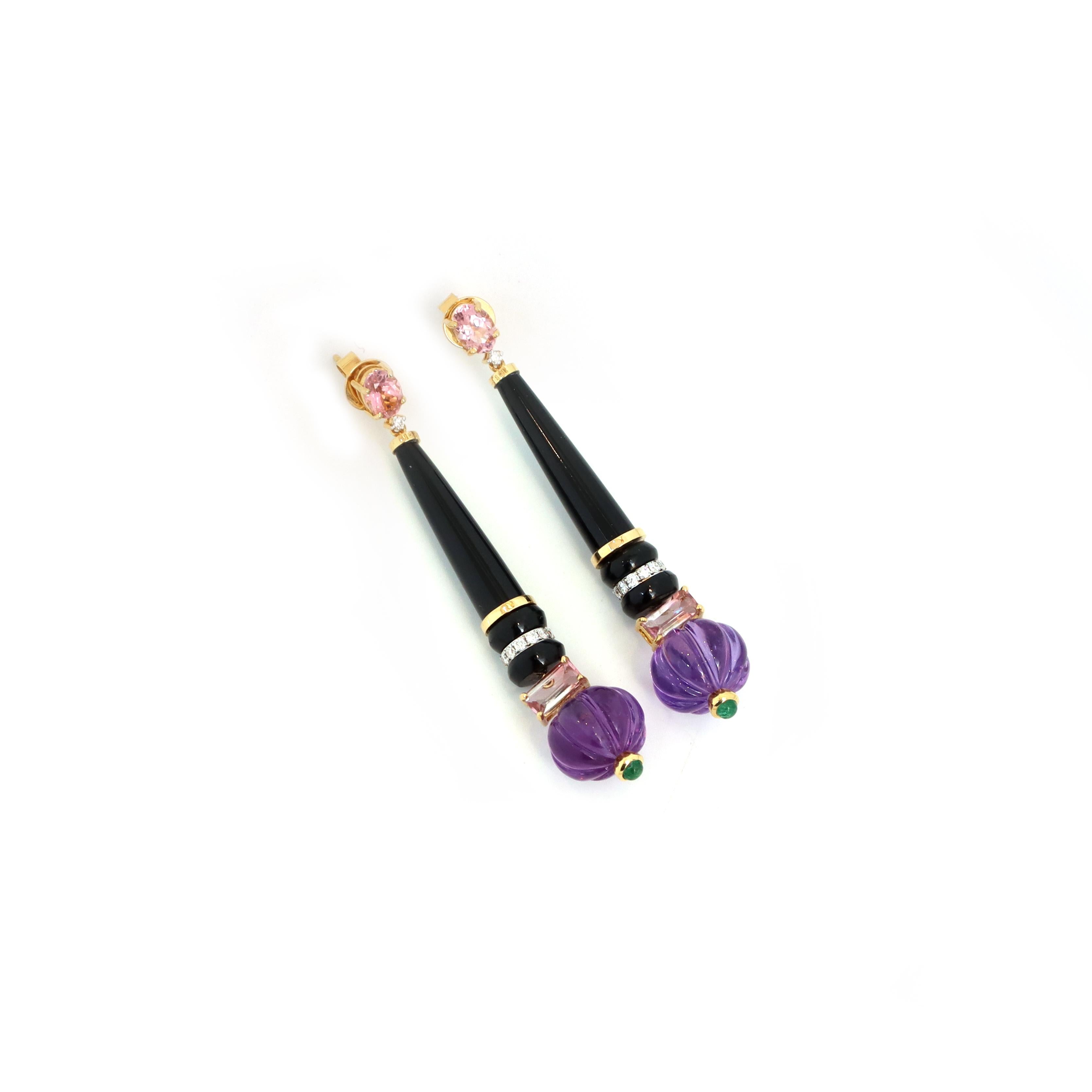 Boucles d'oreilles en or jaune 18k Améthyste Tourmaline Emeraude et Onyx noir avec diamant en vente 2