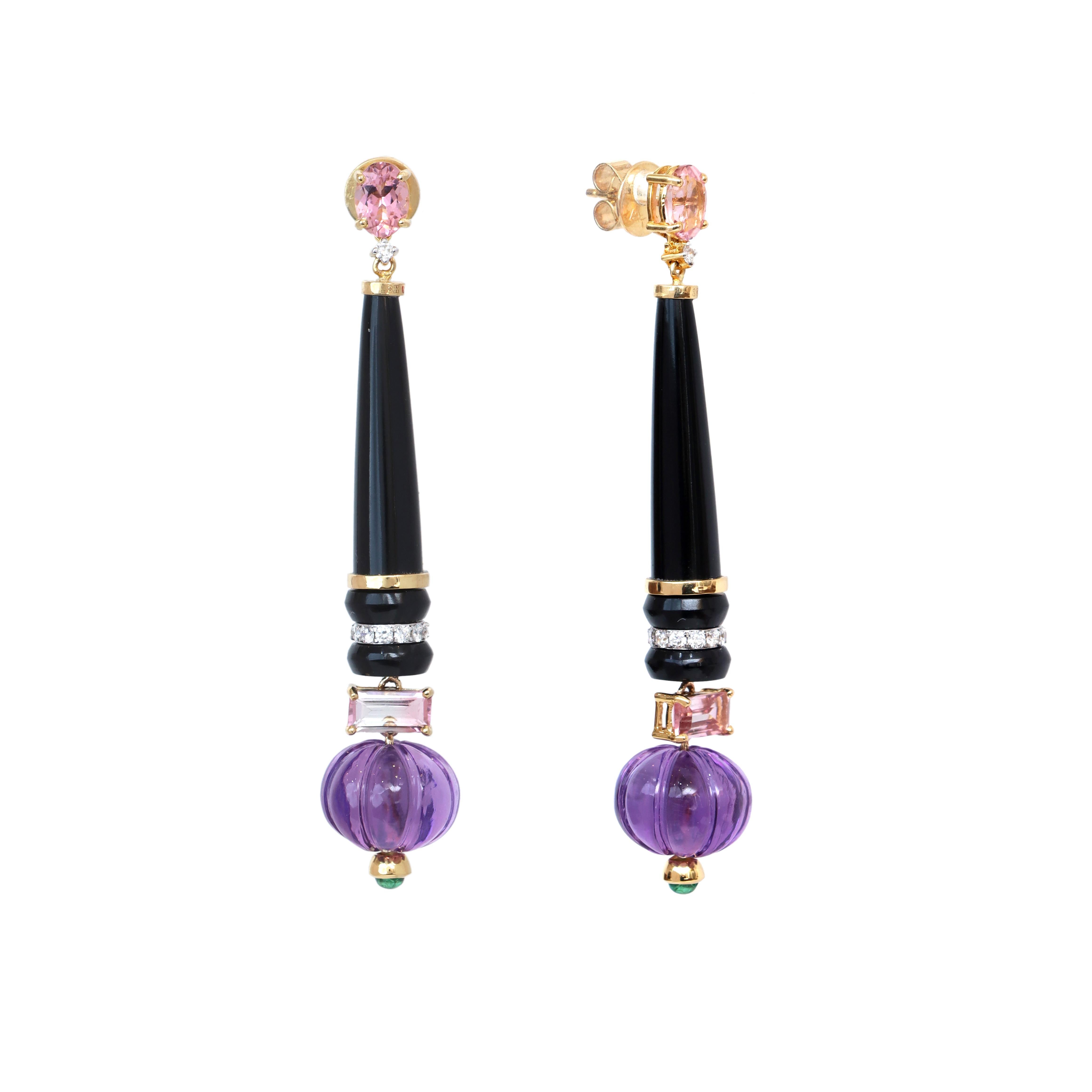 Boucles d'oreilles en or jaune 18k Améthyste Tourmaline Emeraude et Onyx noir avec diamant en vente 3