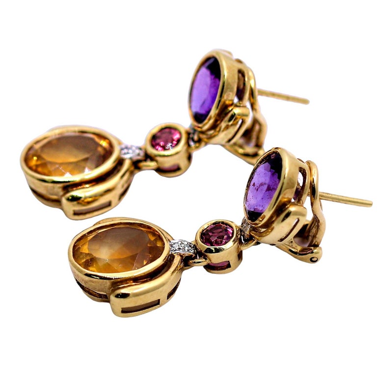 Brilliant Cut 18K Yellow Gold, Amythest, Citrine, Pink Tourmaline, and Diamond Dangle Earrings For Sale