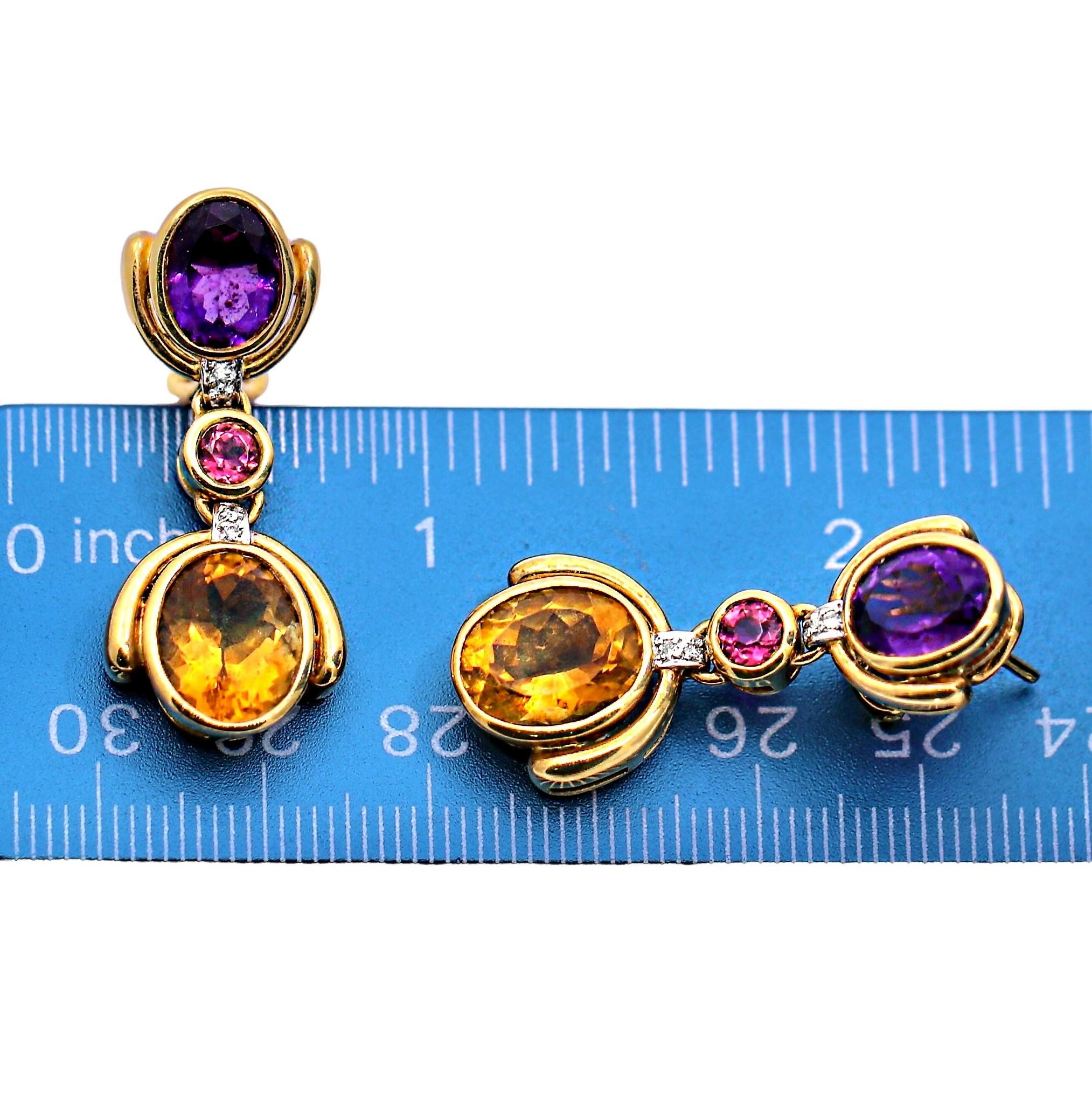 18K Yellow Gold, Amythest, Citrine, Pink Tourmaline, and Diamond Dangle Earrings In Good Condition In Palm Beach, FL