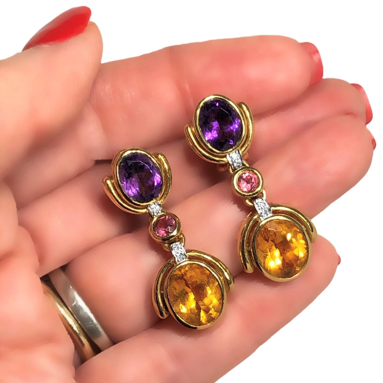 Women's 18K Yellow Gold, Amythest, Citrine, Pink Tourmaline, and Diamond Dangle Earrings