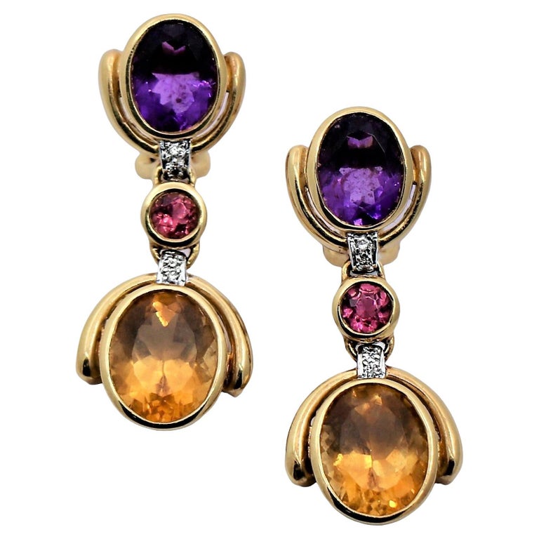 18K Yellow Gold, Amythest, Citrine, Pink Tourmaline, and Diamond Dangle Earrings For Sale