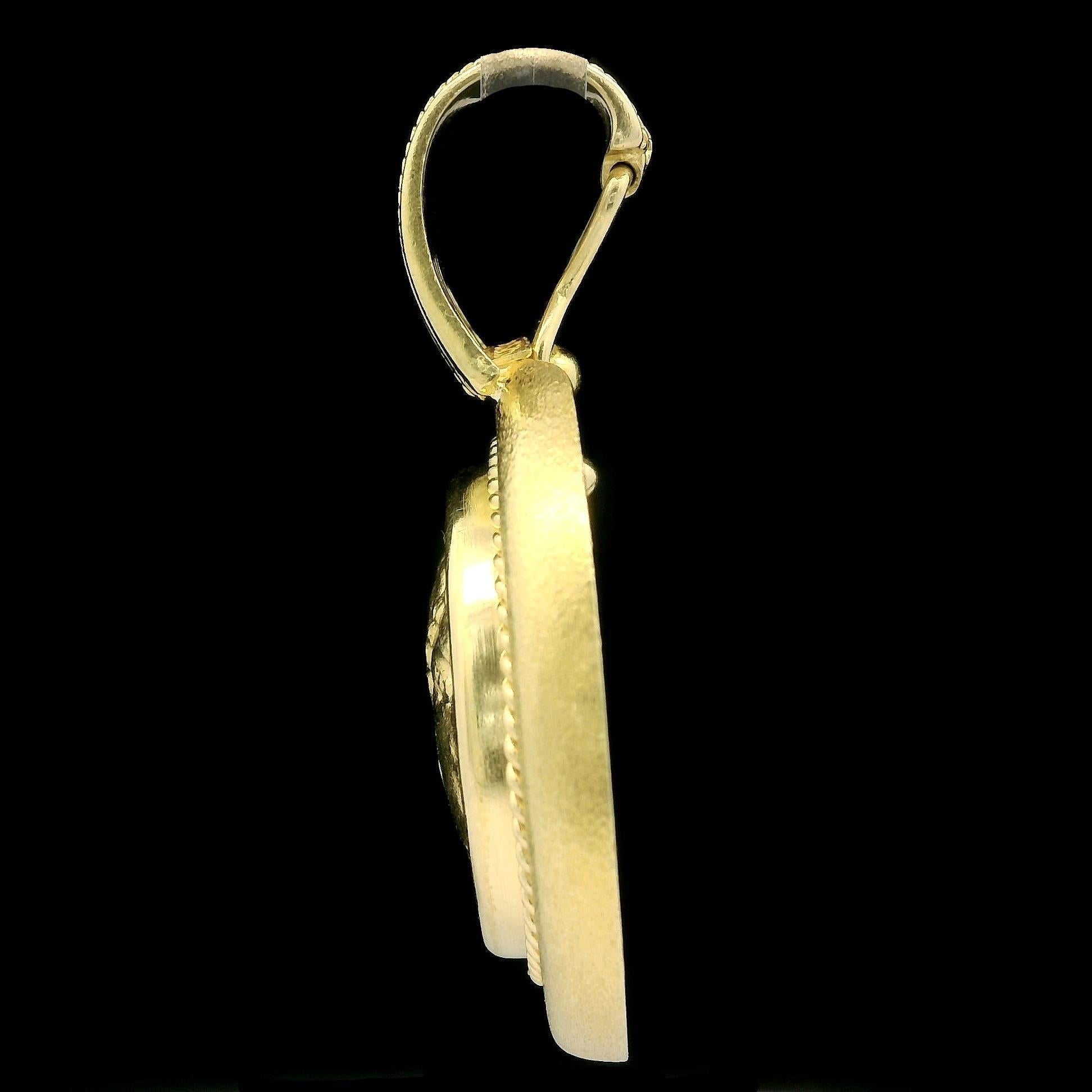 Classical Greek 18k Yellow Gold Ancient Greek Coin w/ Matte Finish Frame Enhancer Pendant For Sale