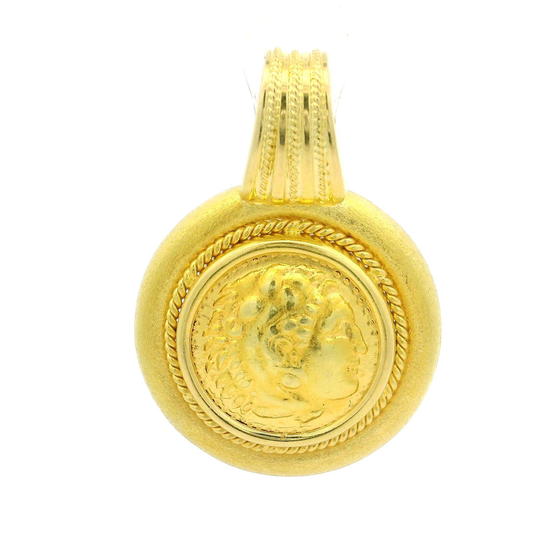 18k Yellow Gold Ancient Greek Coin w/ Matte Finish Frame Enhancer Pendant For Sale 4