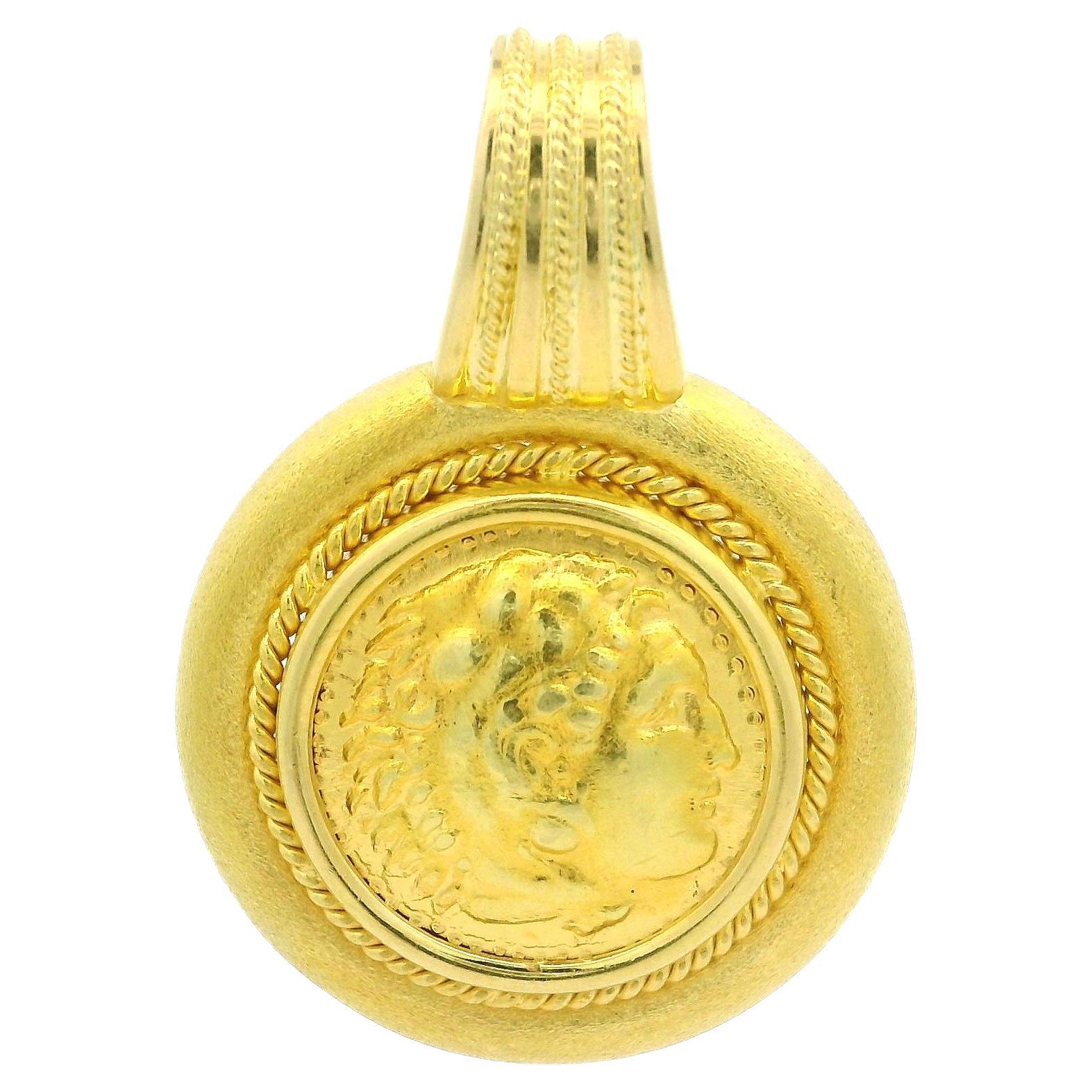 18k Gelbgold antike griechische Münze mit mattem Finish Frame Enhancer Anhänger