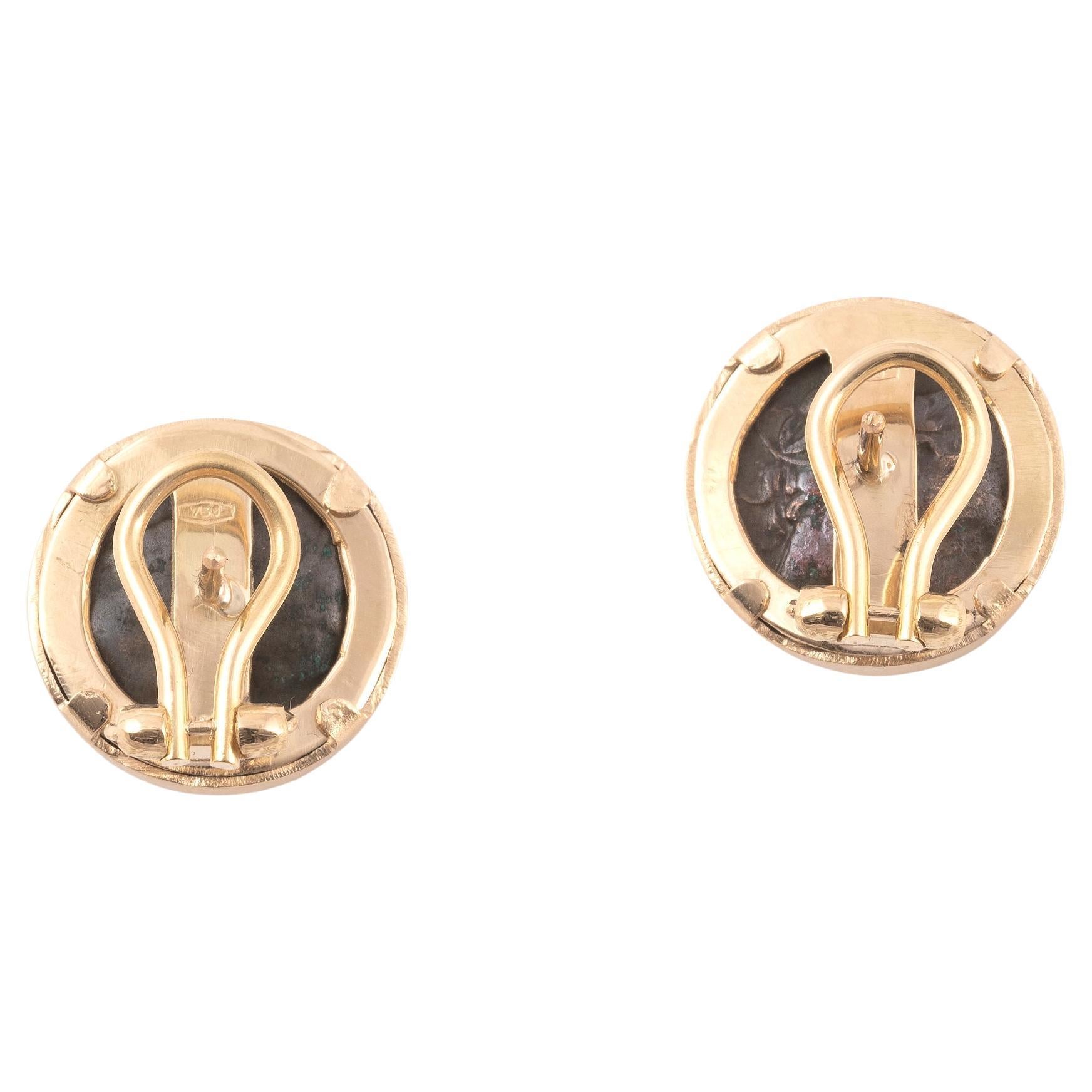 18K Yellow Gold Ancient Tanit Coin Earclips In Excellent Condition In Firenze, IT