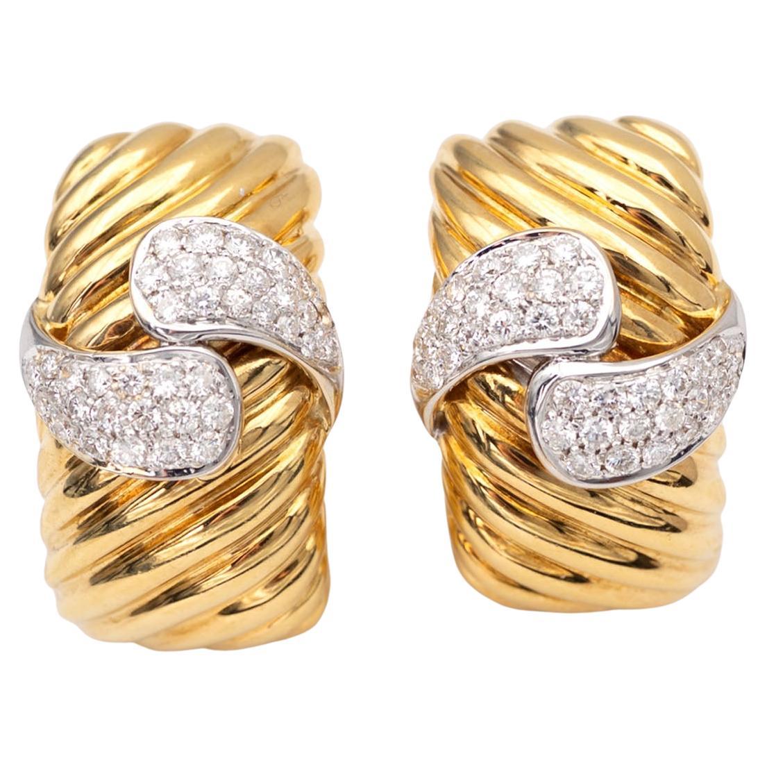 19K Yellow Gold Diamond Earrings, 1.6ct, Ribbed Design