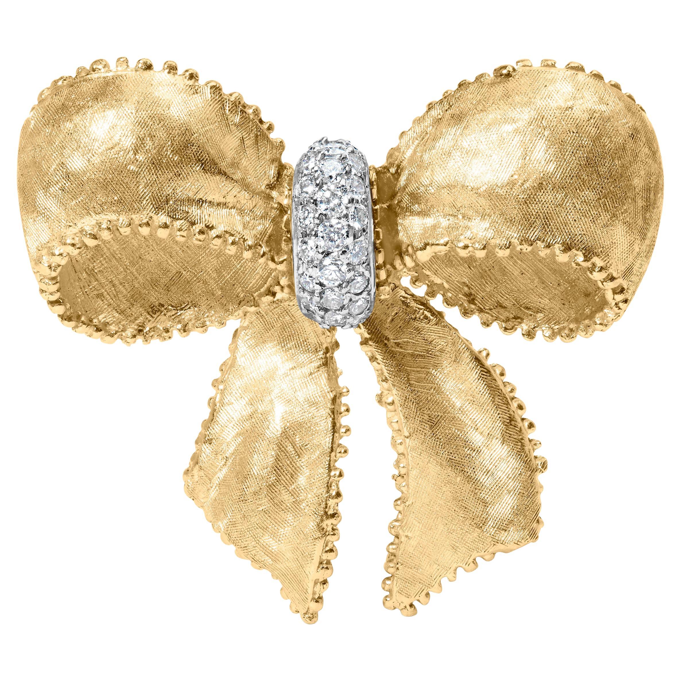 18K Yellow Gold and 3/5 Cttw Diamond Bow Pin Brooch (G-H Color, VS1-VS2 Clarity)