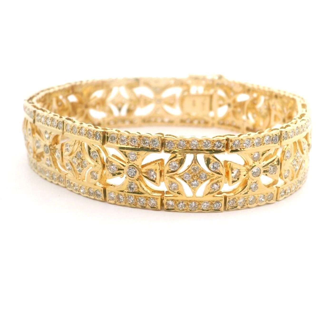 Brilliant Cut 18k Yellow Gold and 4.44ct Diamond Panel Link 31g Vintage Bracelet 6.75
