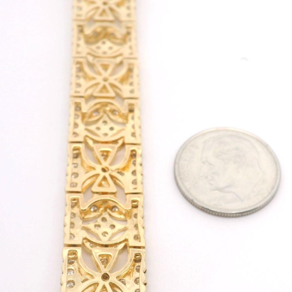 Women's 18k Yellow Gold and 4.44ct Diamond Panel Link 31g Vintage Bracelet 6.75