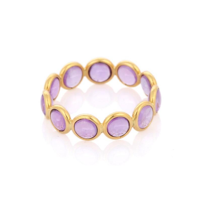 Modern 18k Solid Yellow Gold Round Amethyst Eternity Band Ring For Sale