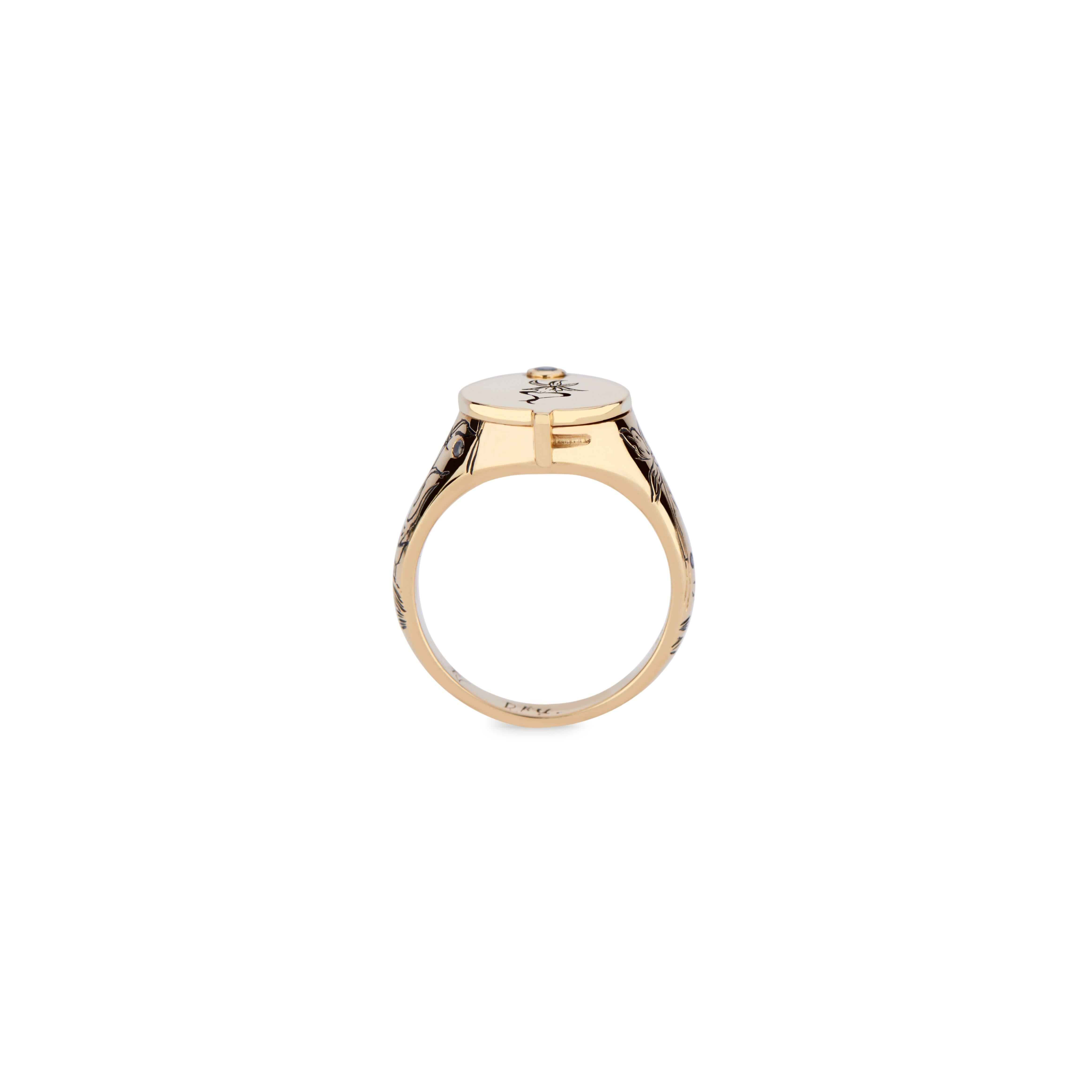 Round Cut 18 Karat Gold and Black Diamond Snake in the Grass Conservatory Signet Ring