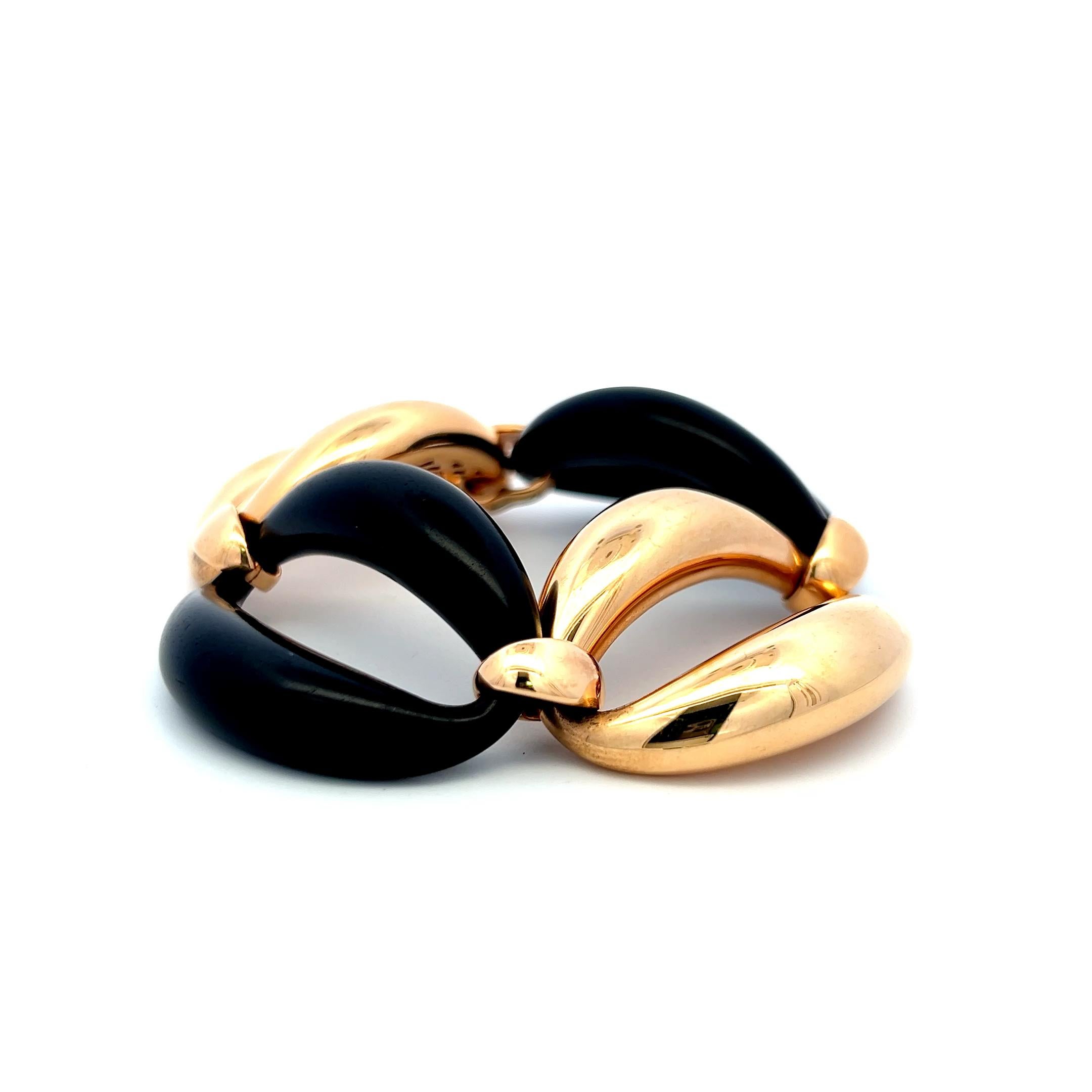 Bracelet à maillons vintage en or jaune 18K et onyx noir - design sculptural audacieux en vente 1