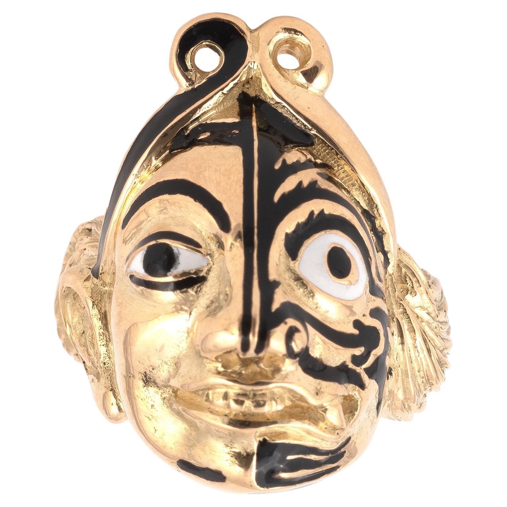 Chinesischer Theatermaske-Ring aus 18 Karat Gold und schwarz-weißer Emaille