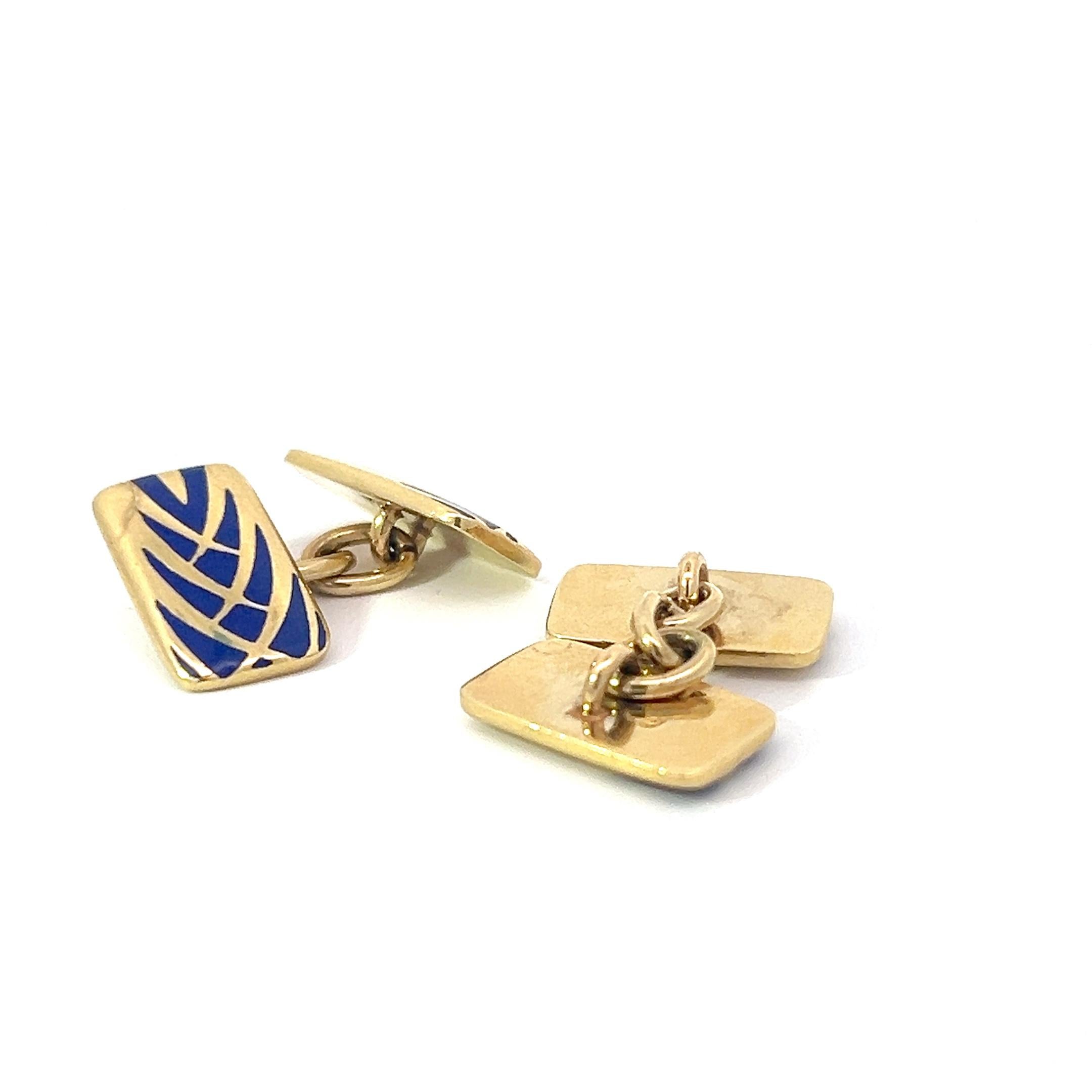 18k Yellow Gold and Blue Enamel Cufflinks  In New Condition For Sale In New York, NY