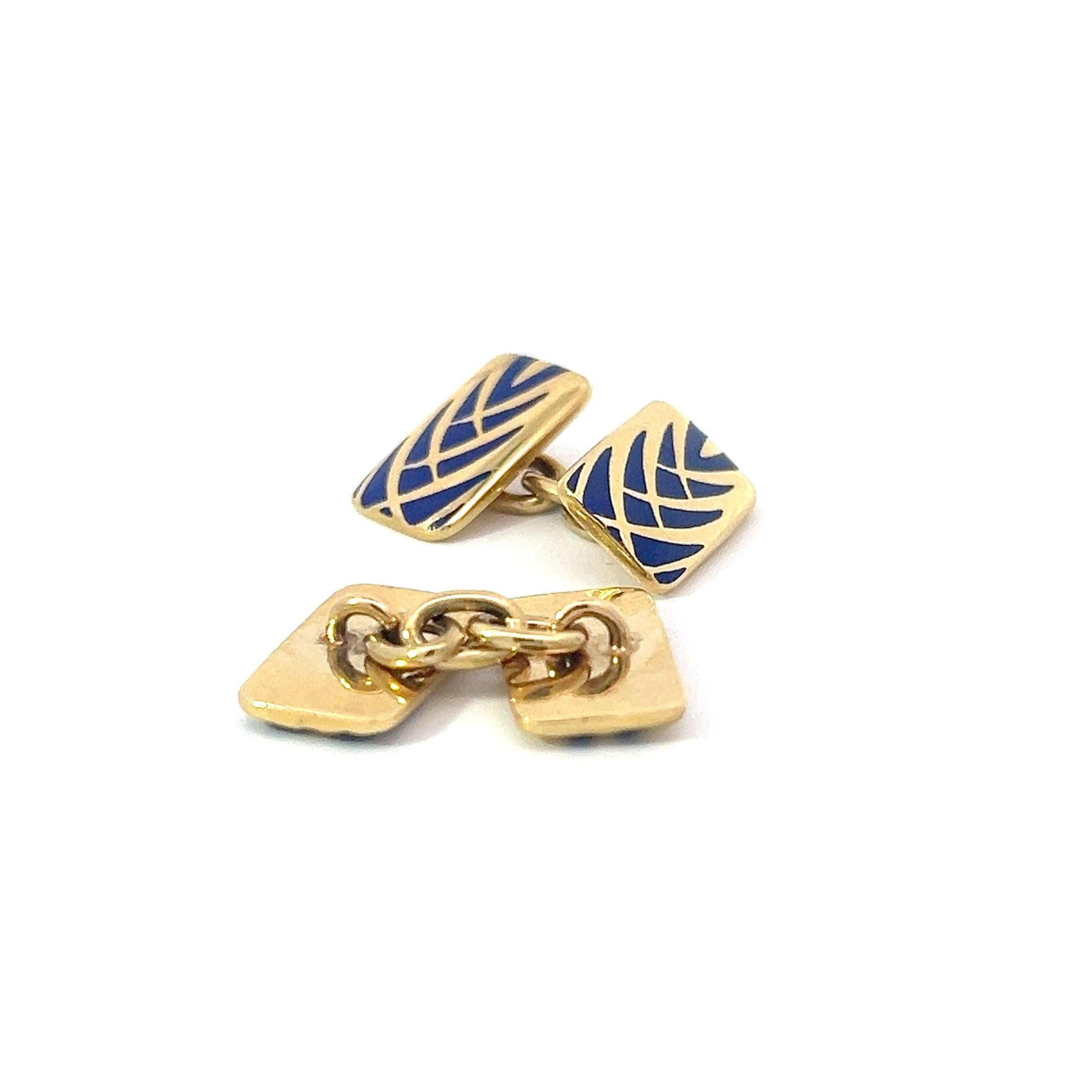 Women's or Men's 18k Yellow Gold and Blue Enamel Cufflinks  For Sale