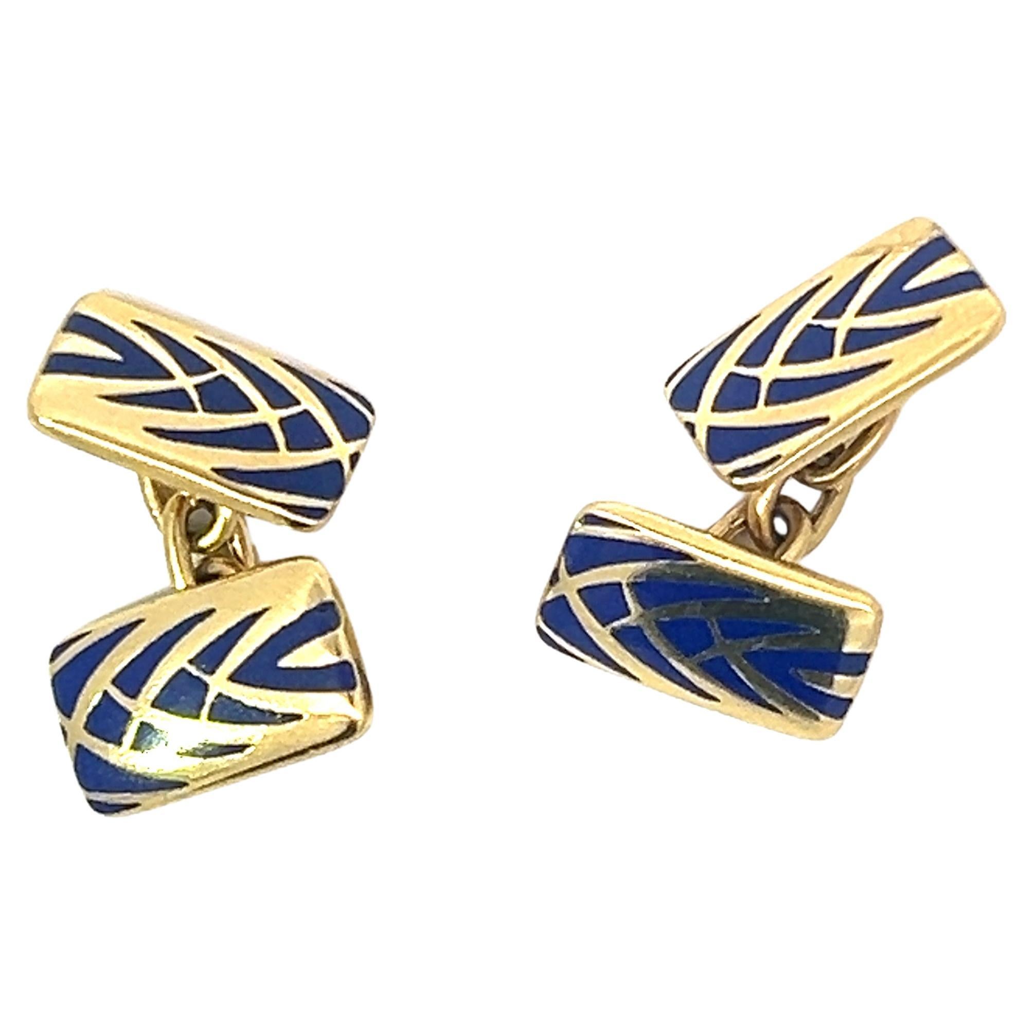 18k Yellow Gold and Blue Enamel Cufflinks  For Sale