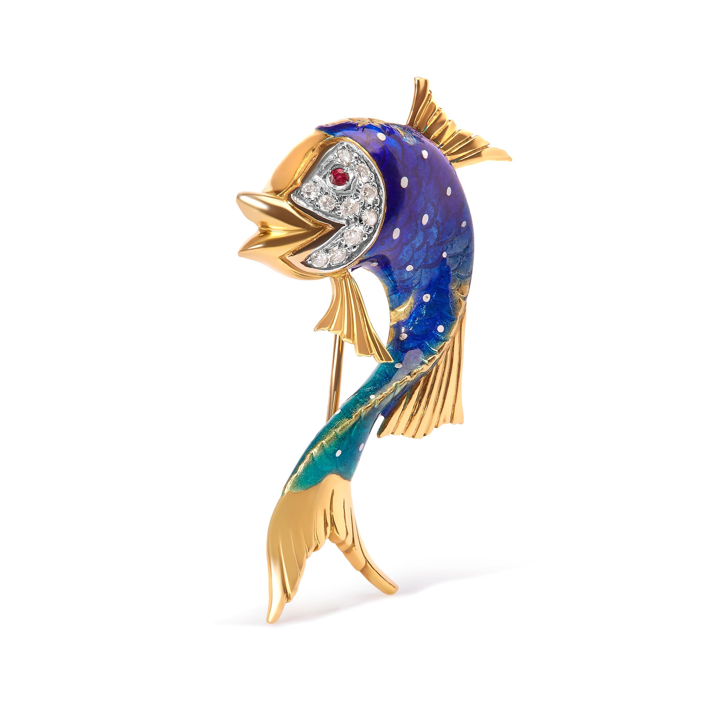 Introducing a mesmerizing masterpiece that captivates both women and men alike. This enchanting Fish Brooch Pin, crafted in 18K Yellow Gold and adorned with Blue Enamel, is a true symbol of elegance and grace. Its shimmering allure is further