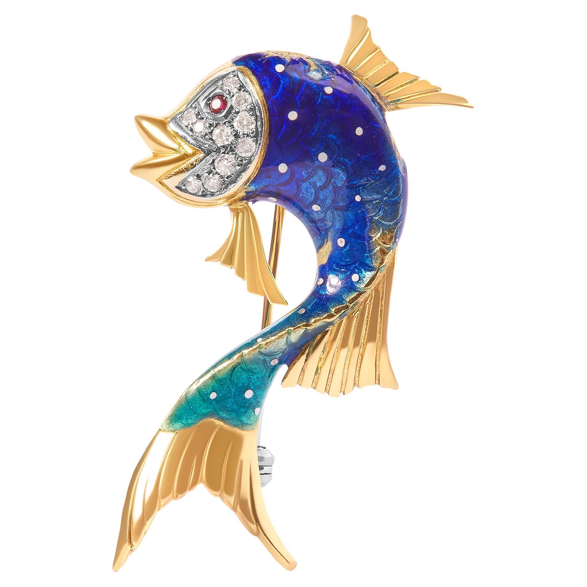 18K Yellow Gold and Blue Enamel Diamond and Pink Sapphire Fish Brooch Pin For Sale