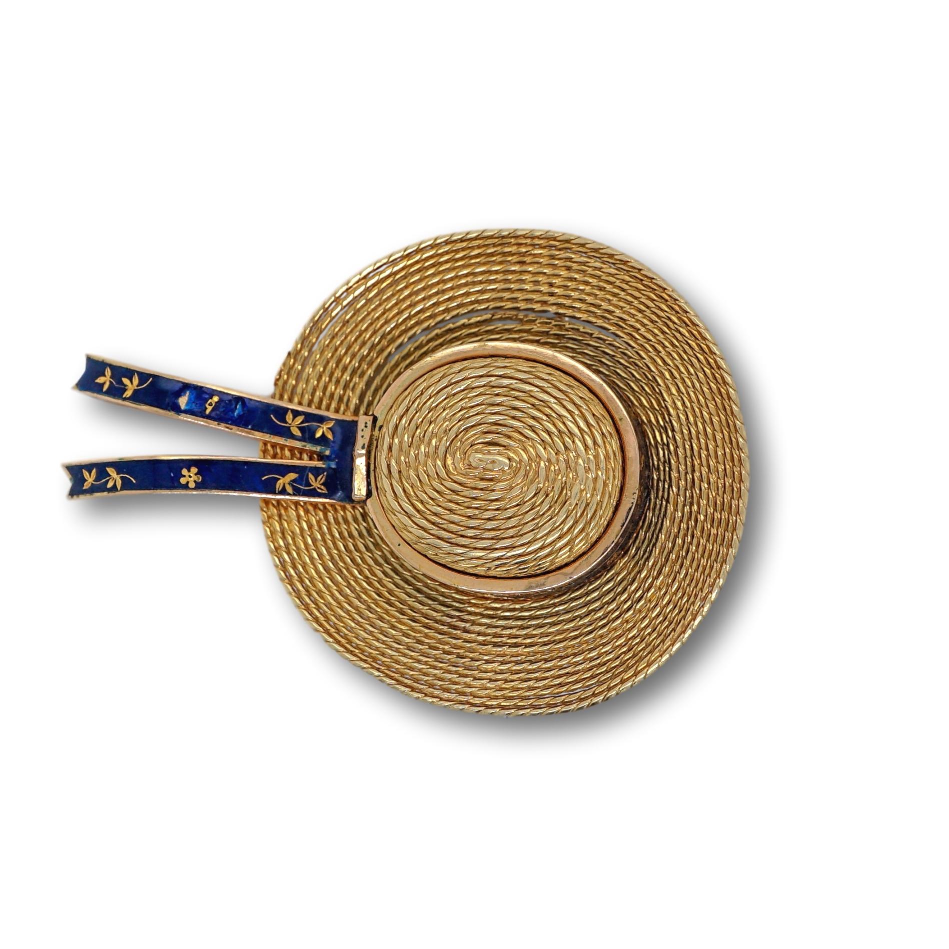 This 18K Yellow Gold and Blue Enamel Straw Hat Brooch measures at 5cm even and weighs 17.8 Grams 

SKU#L-00032
