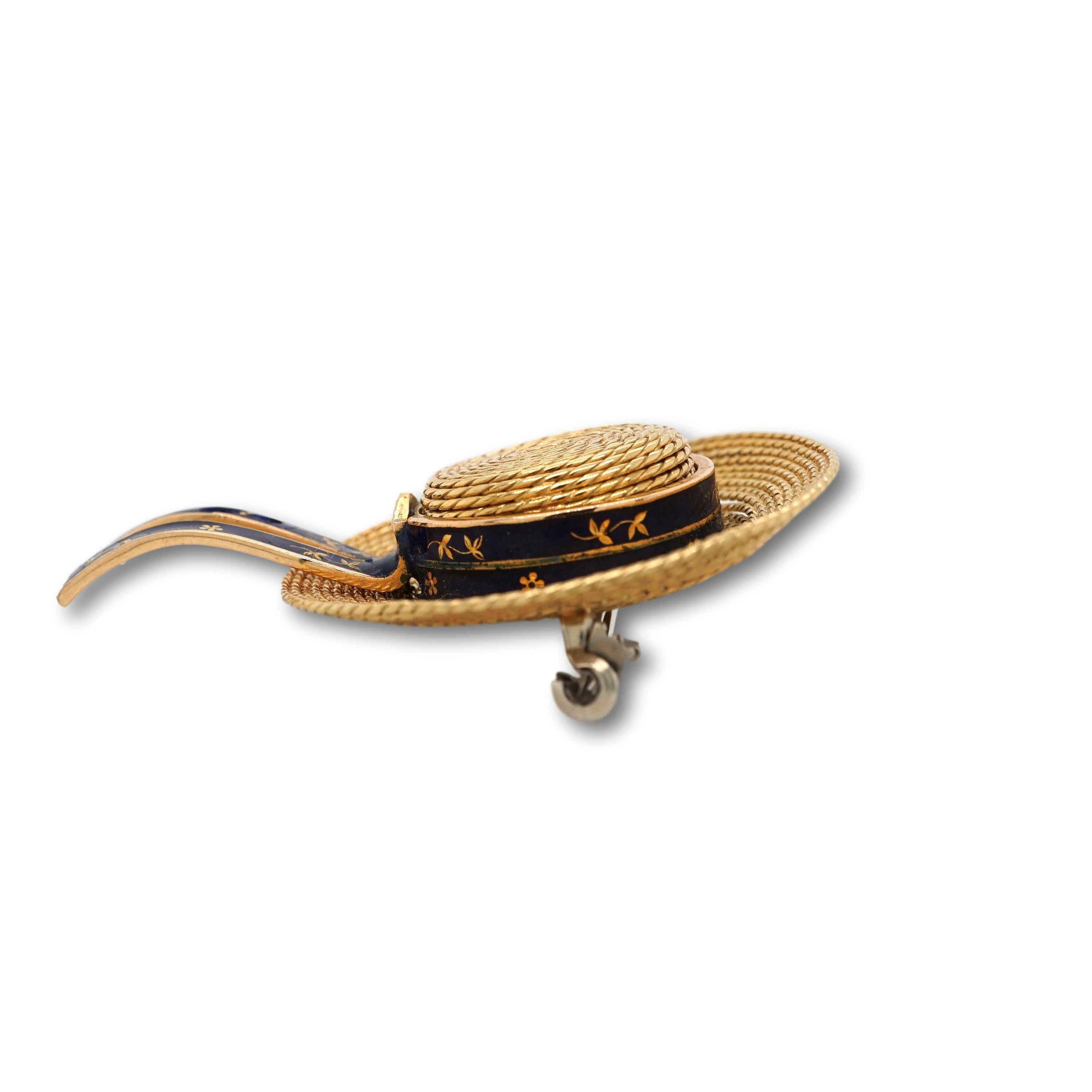 18 Karat Yellow Gold and Blue Enamel Straw Hat Brooch In Excellent Condition For Sale In New York, NY