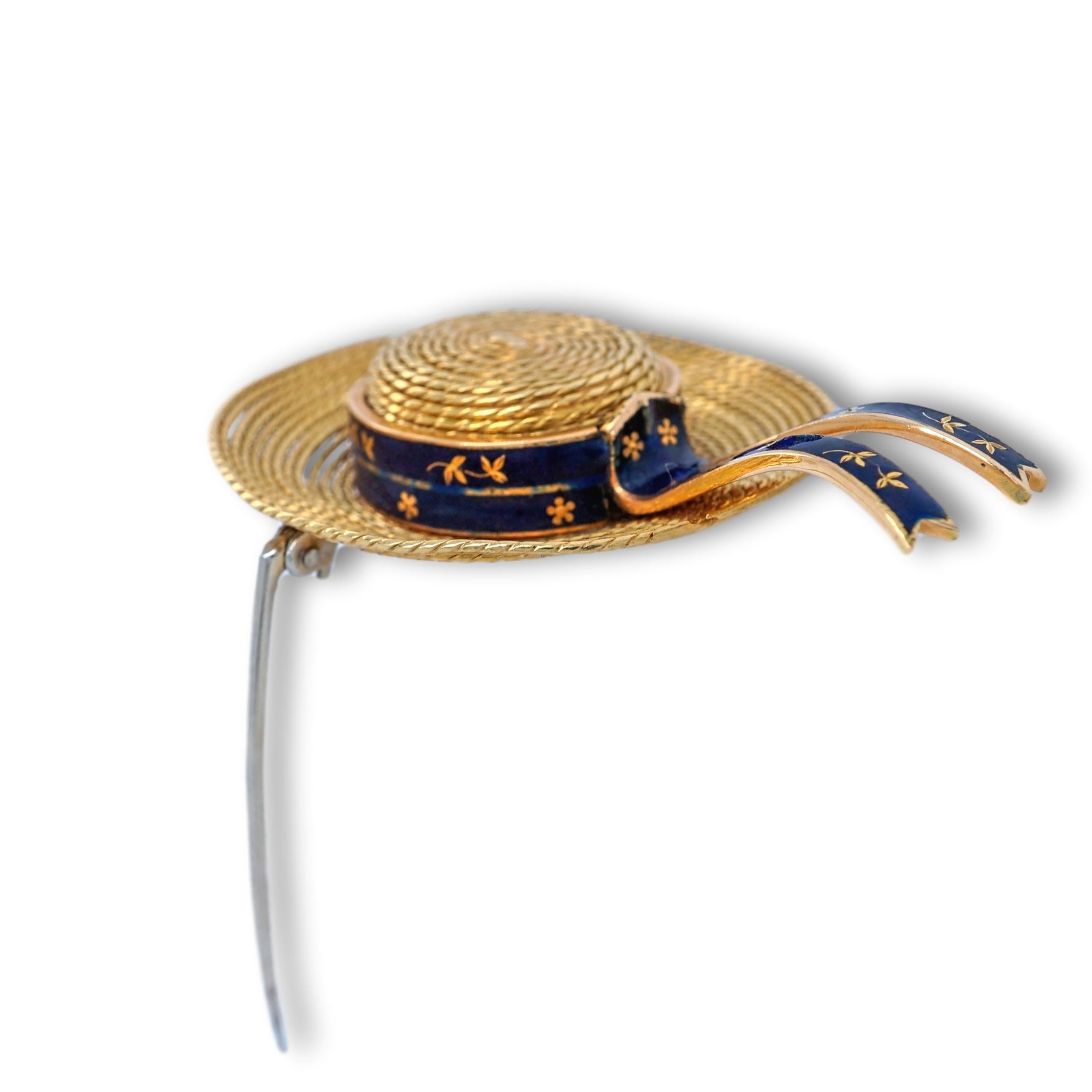 Women's or Men's 18 Karat Yellow Gold and Blue Enamel Straw Hat Brooch For Sale