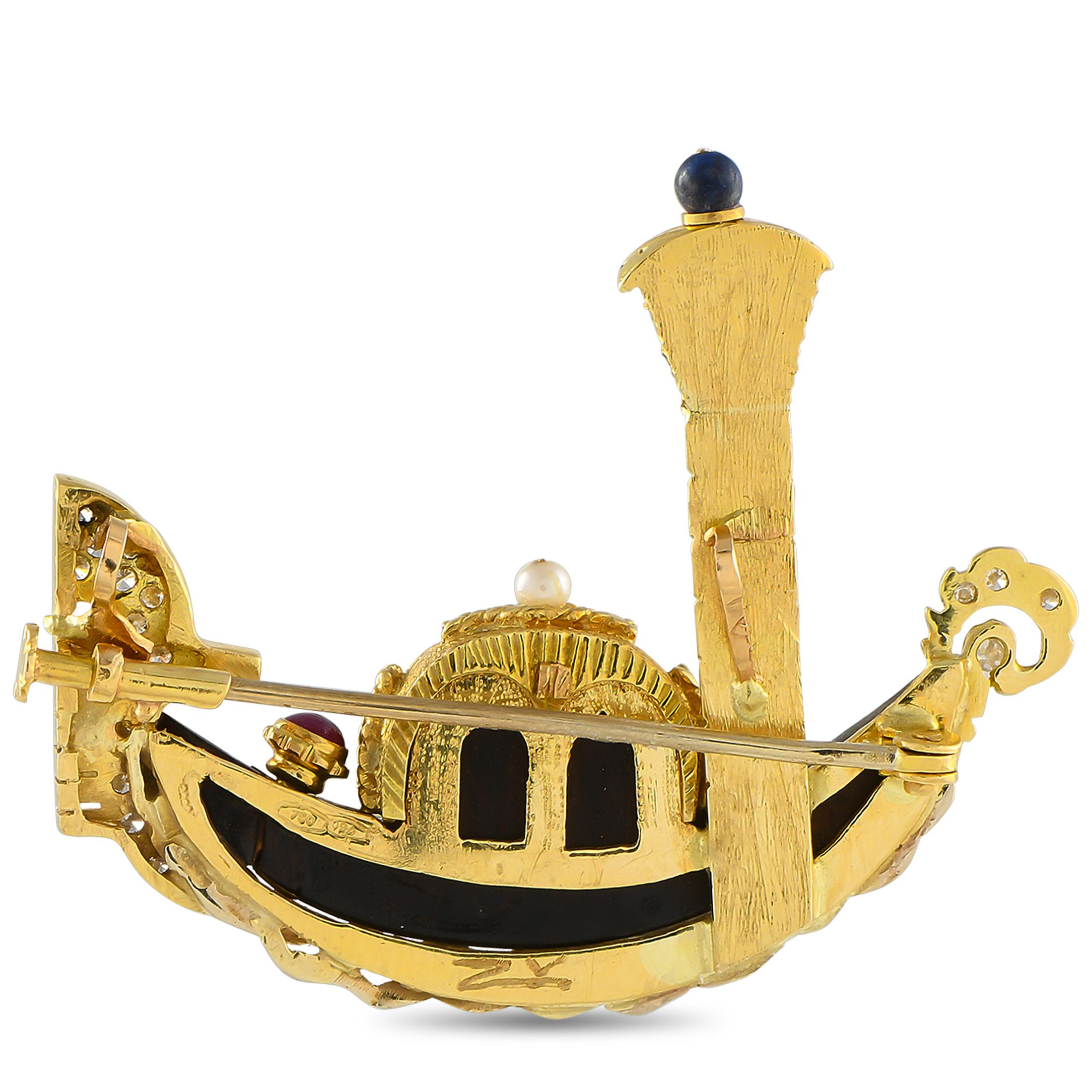 Romantic and imaginative, this brooch celebrates a Venetian icon. Opulent 18K Yellow Gold contrasts beautifully against this pieces Bog Oak base. Diamond and Ruby accents add additional elegance to the gondola-shaped design. This luxury brooch