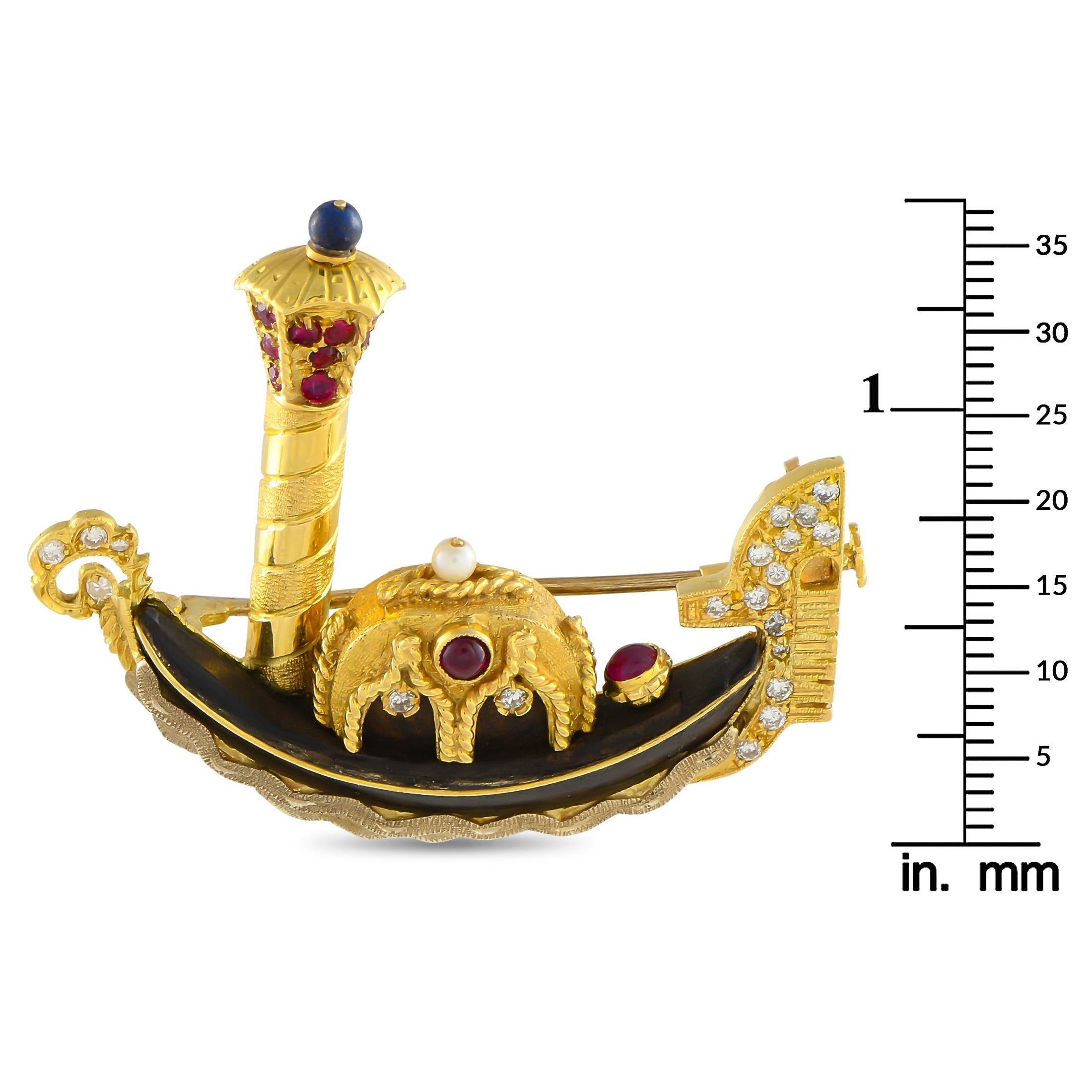Round Cut 18K Yellow Gold and Bog Oak Diamond, Sapphire, and Ruby Gondola Brooch For Sale