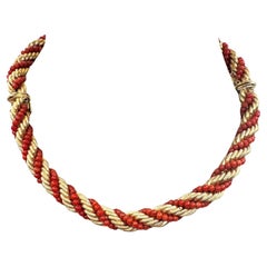 18K Yellow Gold and Coral Bead Twisted Rope Convertible Necklace/Bracelet Set