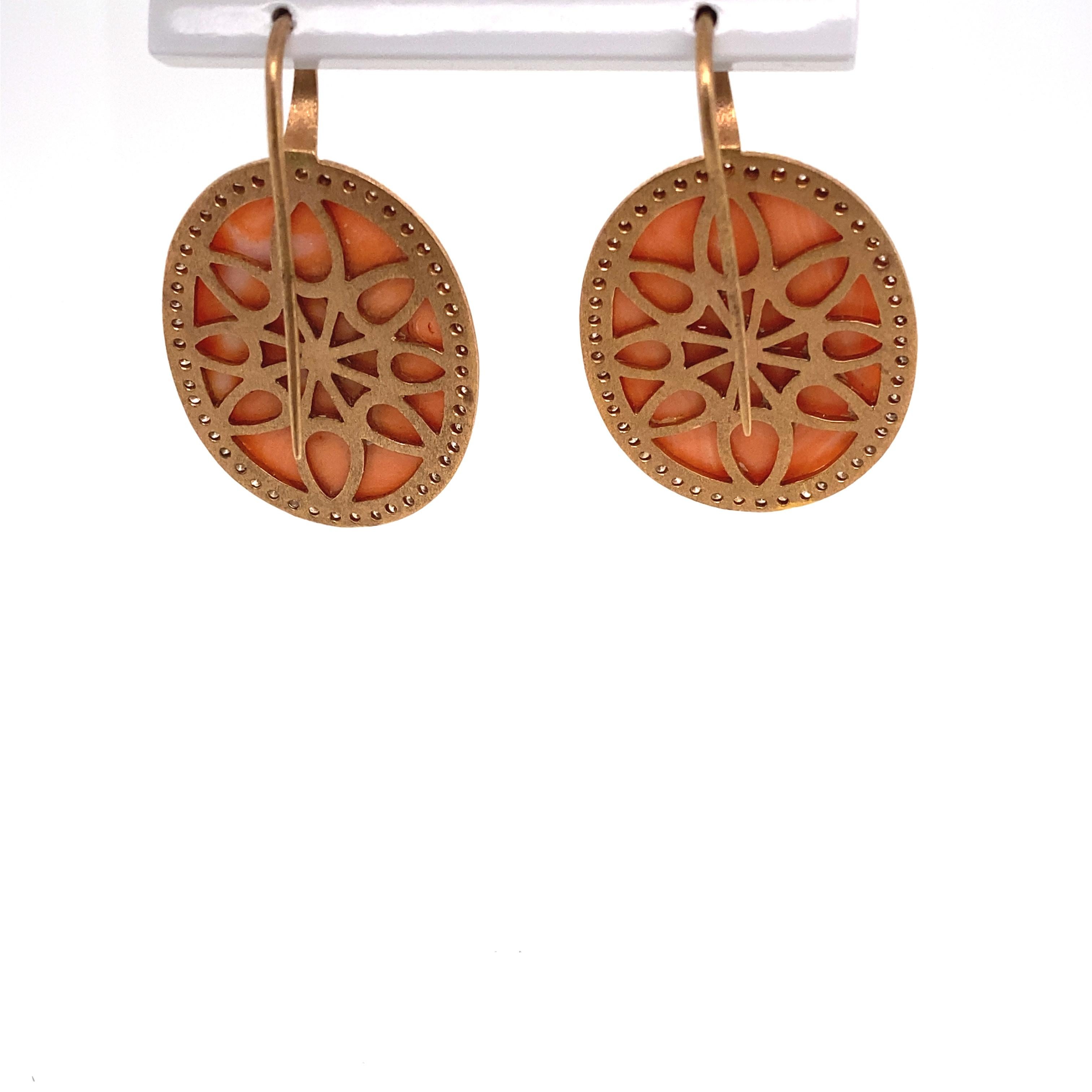 Art Deco 18k Yellow Gold and Diamond Cameo Coral Earrings