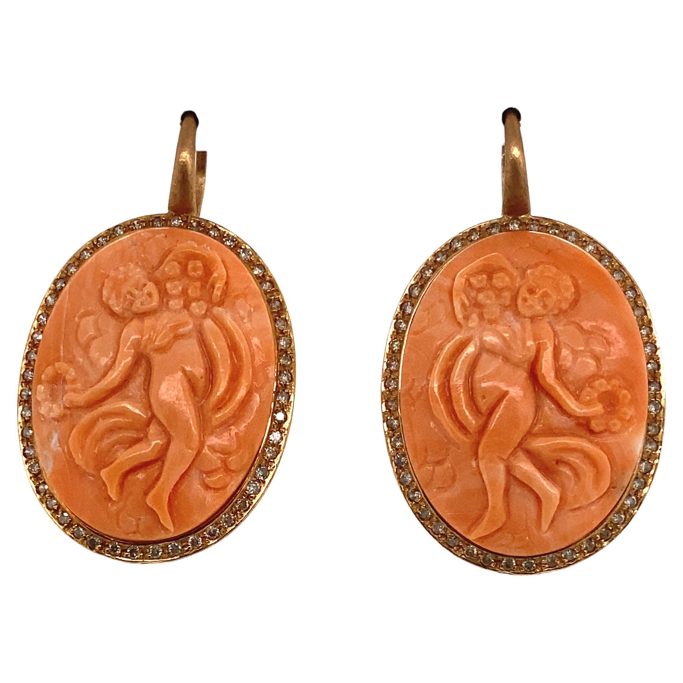 18k Yellow Gold and Diamond Cameo Coral Earrings