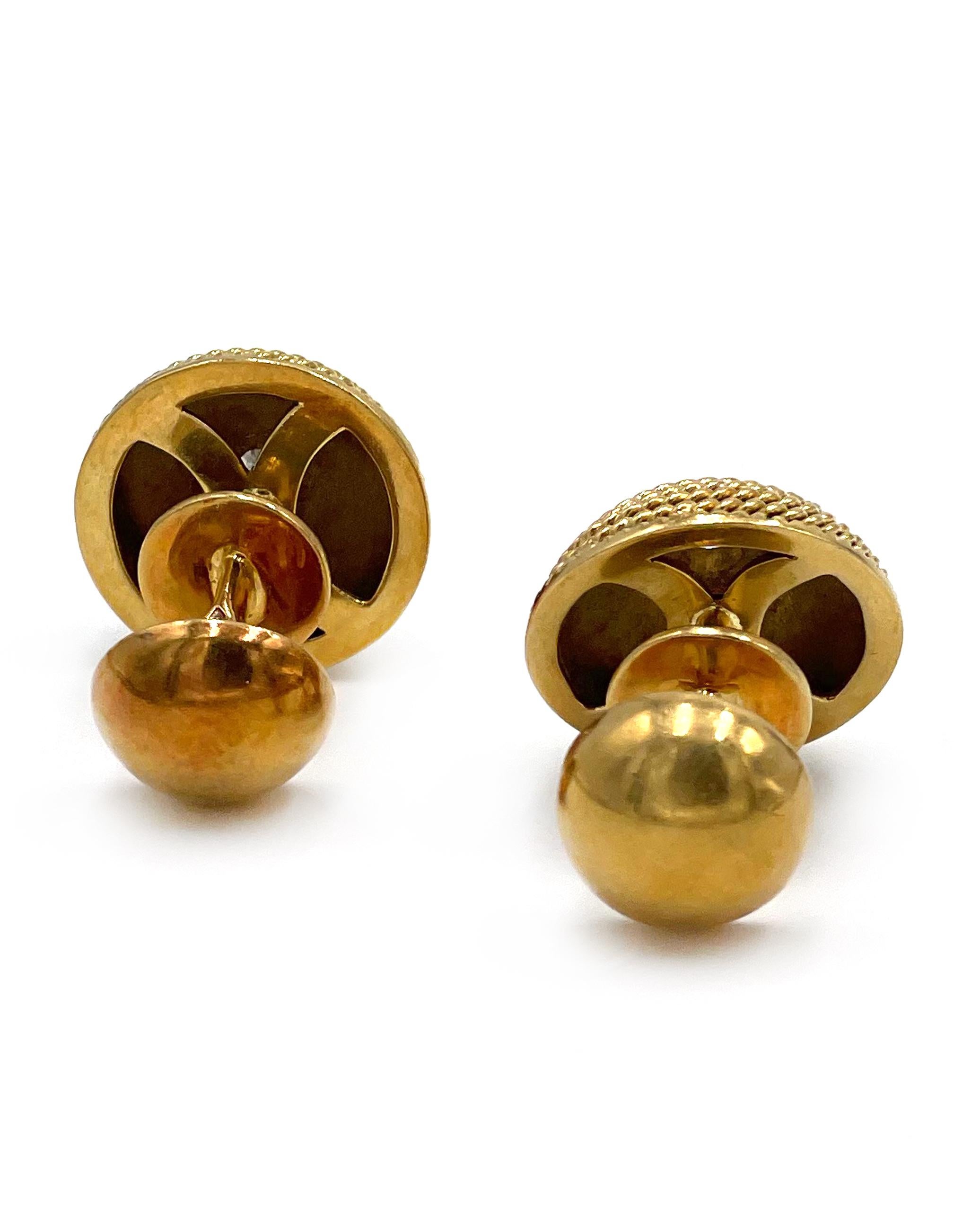 Contemporary 18K Yellow Gold and Diamond Cufflinks with Rope Design and Button Style Backs For Sale