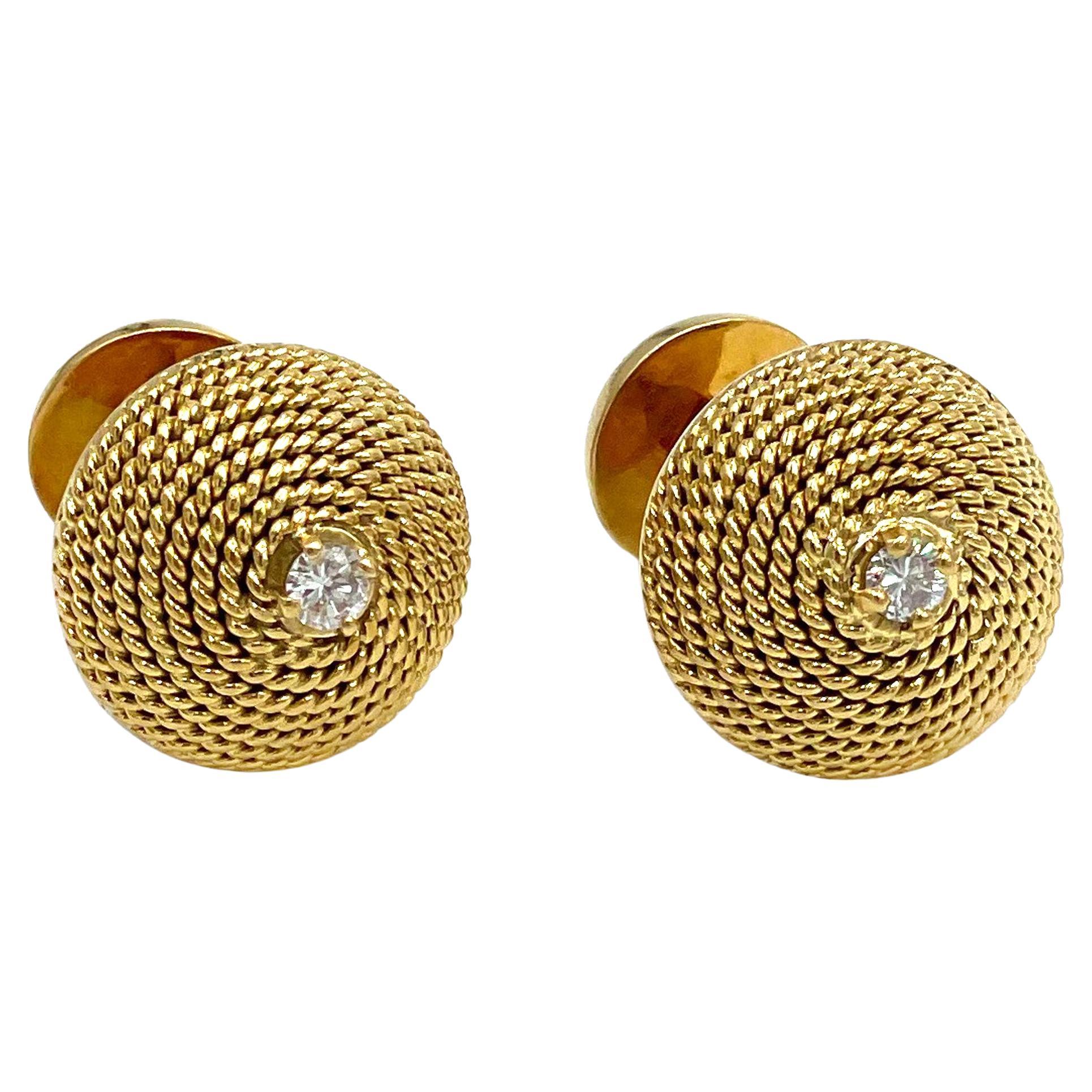 18K Yellow Gold and Diamond Cufflinks with Rope Design and Button Style Backs For Sale